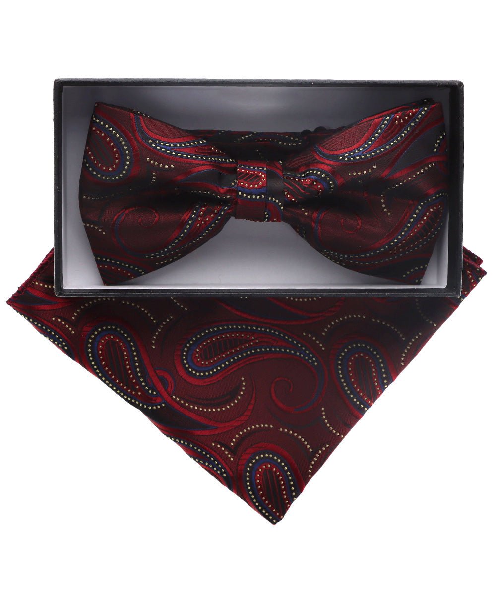 Vittorio Farina Men's Paisley Design Satin Bow Tie &amp; Pocket Square in Gift Box - BH-D_23099 - Classy Cufflinks