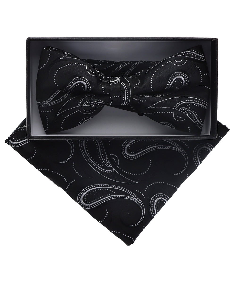 Vittorio Farina Men's Paisley Design Satin Bow Tie &amp; Pocket Square in Gift Box - BH-D_23100A - Classy Cufflinks