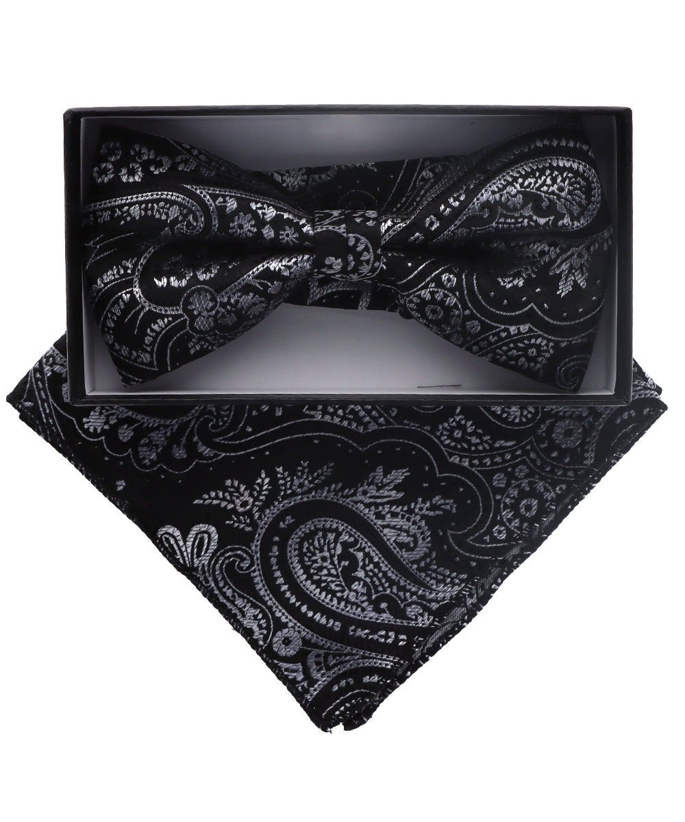Vittorio Farina Men's Paisley Design Satin Bow Tie &amp; Pocket Square in Gift Box - BH-D_23102 - Classy Cufflinks