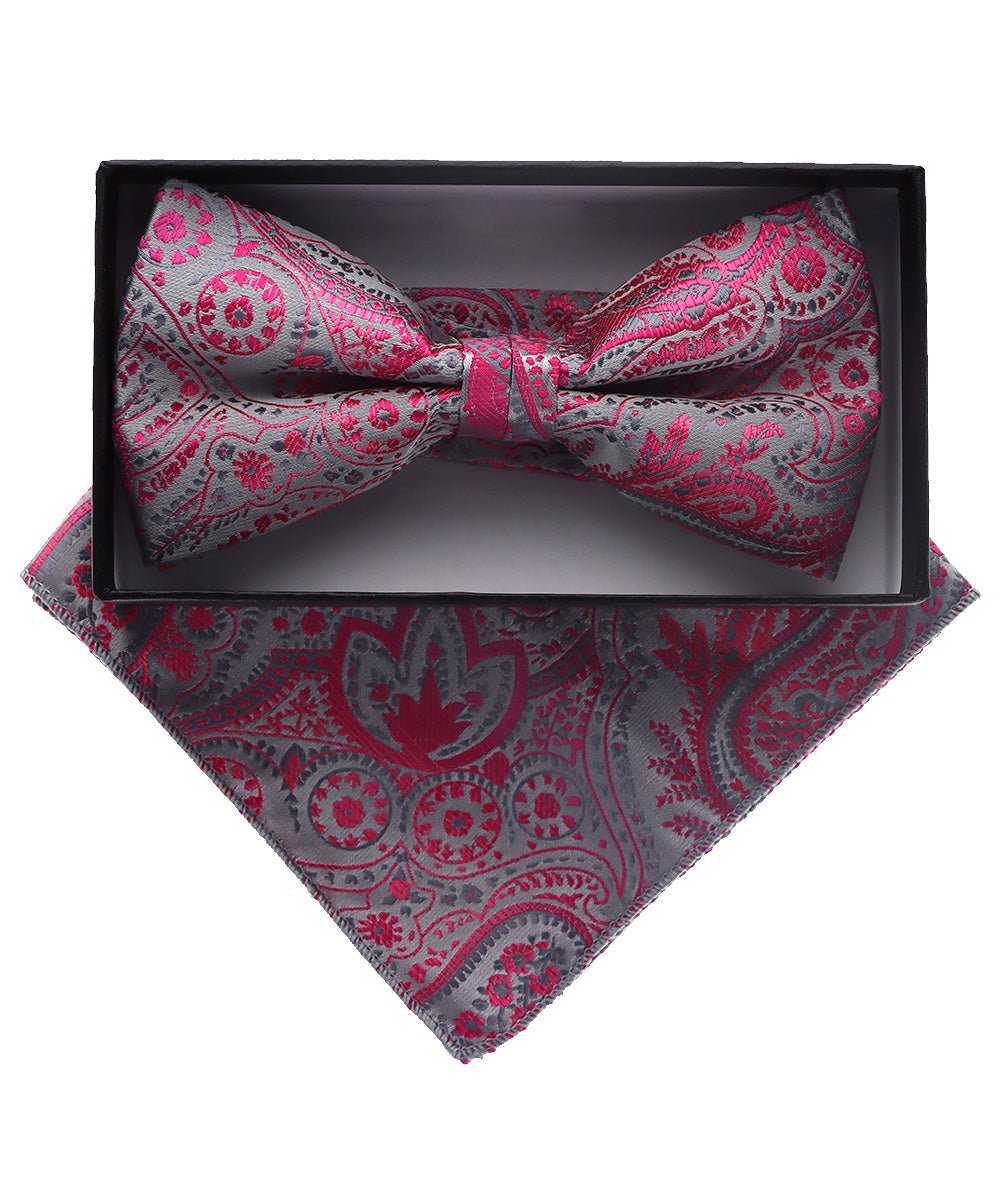 Vittorio Farina Men's Paisley Design Satin Bow Tie &amp; Pocket Square in Gift Box - BH-D_23103 - Classy Cufflinks