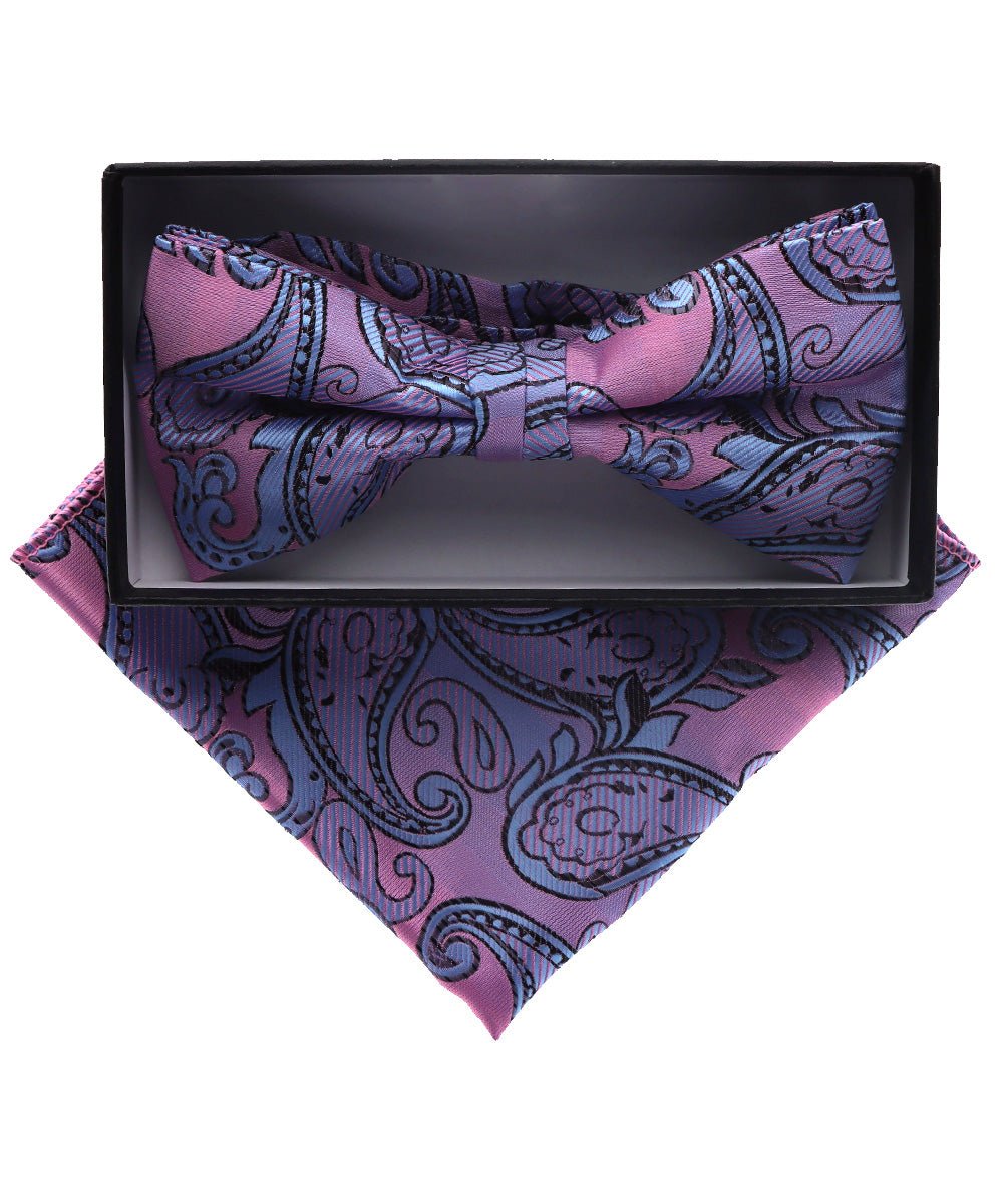 Vittorio Farina Men's Paisley Design Satin Bow Tie &amp; Pocket Square in Gift Box - BH-D_23104 - Classy Cufflinks