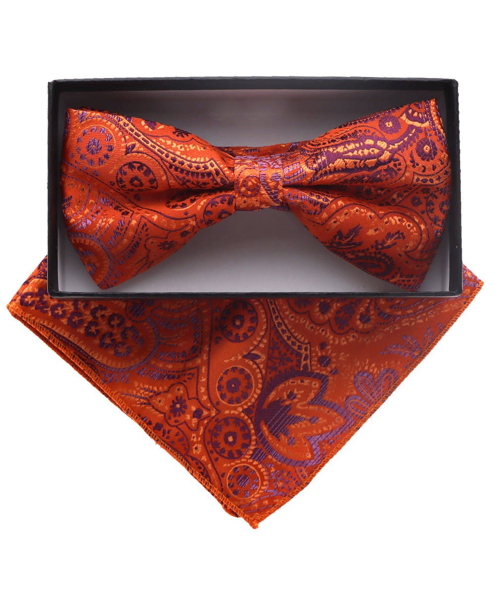 Vittorio Farina Men's Paisley Design Satin Bow Tie &amp; Pocket Square in Gift Box - BH-D_23105 - Classy Cufflinks