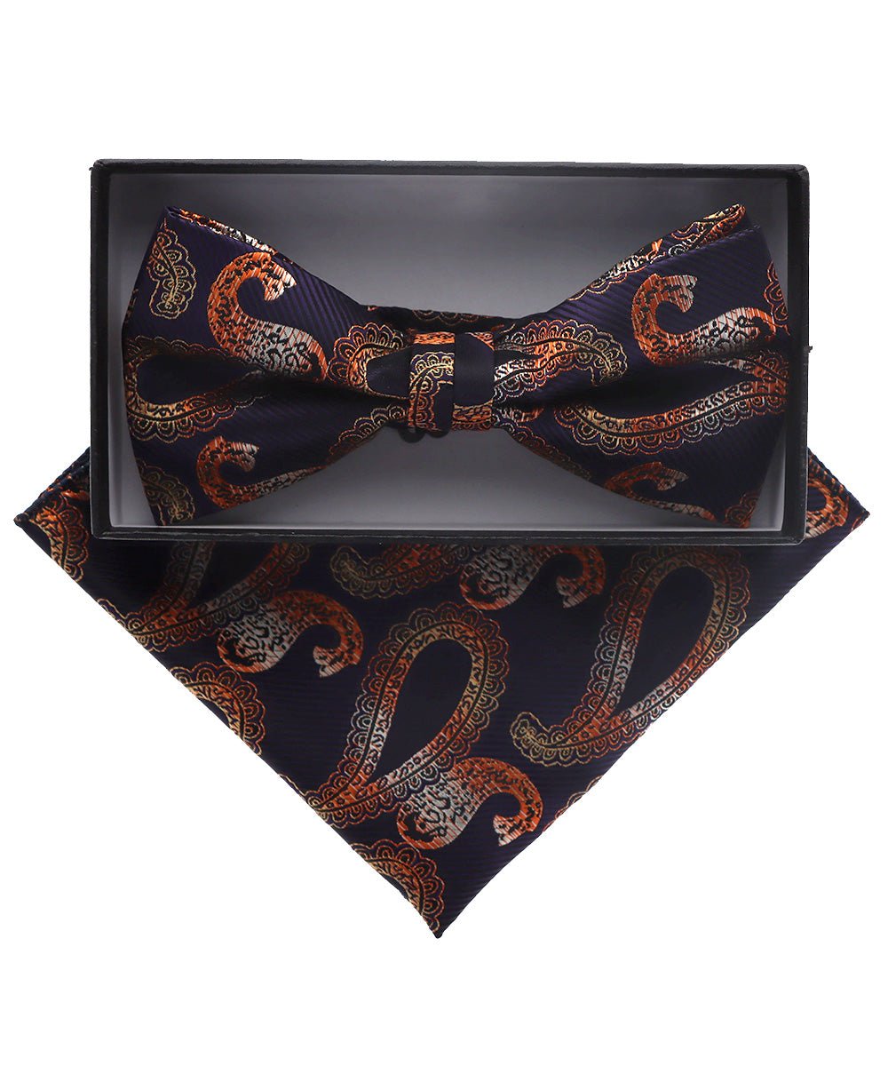 Vittorio Farina Men's Paisley Design Satin Bow Tie &amp; Pocket Square in Gift Box - BH-D_23106 - Classy Cufflinks