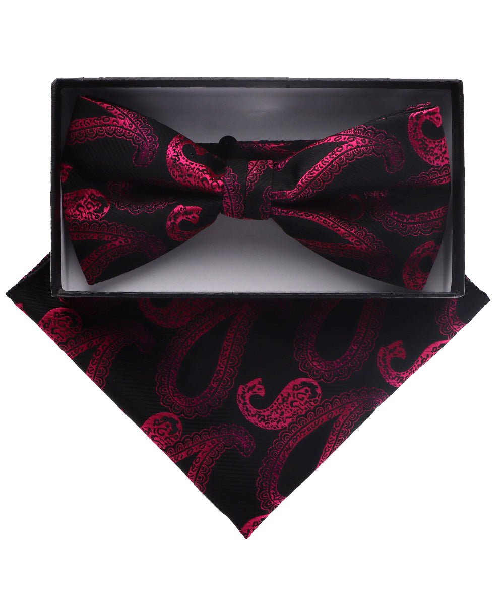 Vittorio Farina Men's Paisley Design Satin Bow Tie &amp; Pocket Square in Gift Box - BH-D_23107 - Classy Cufflinks