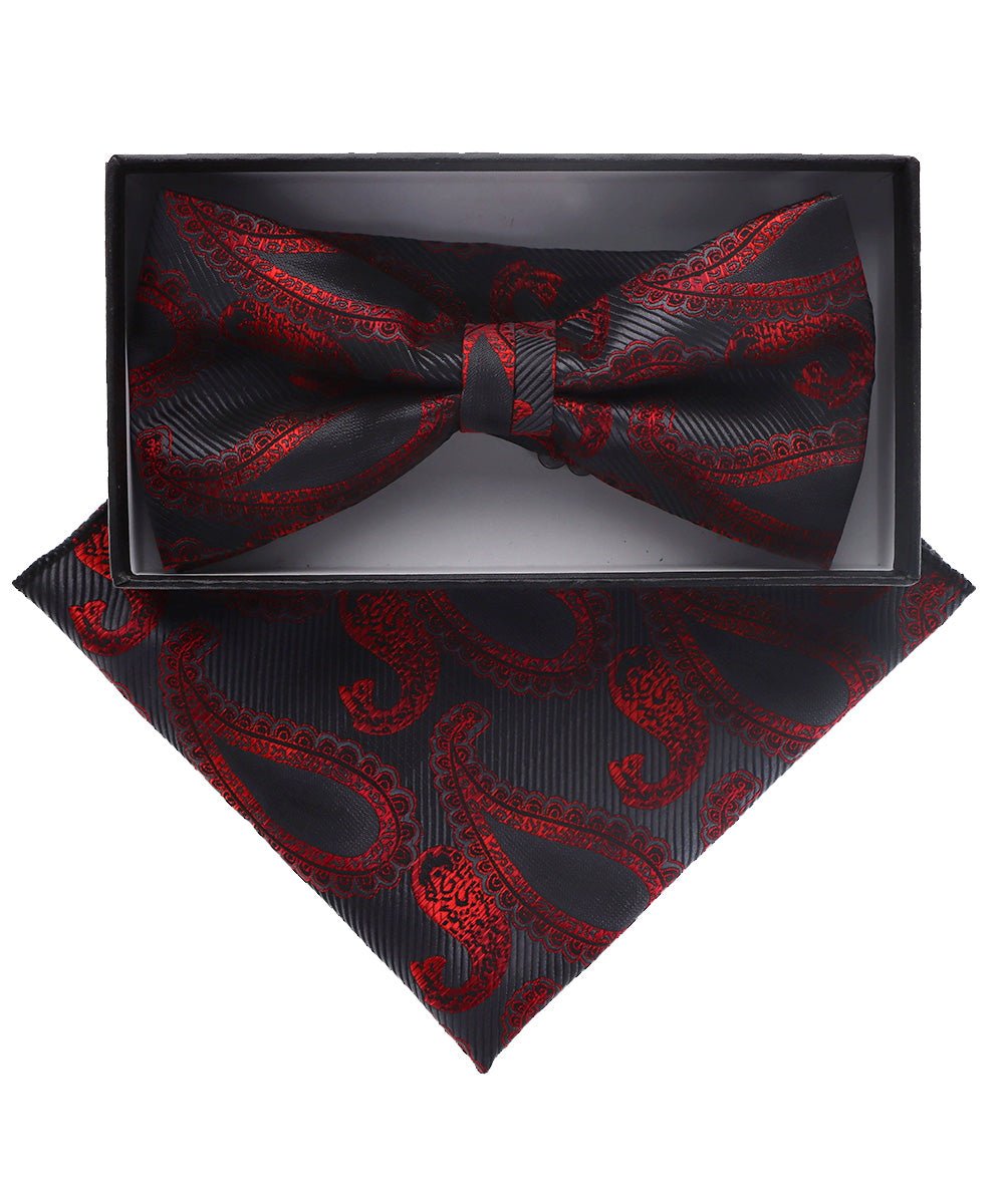 Vittorio Farina Men's Paisley Design Satin Bow Tie &amp; Pocket Square in Gift Box - BH-D_23108 - Classy Cufflinks