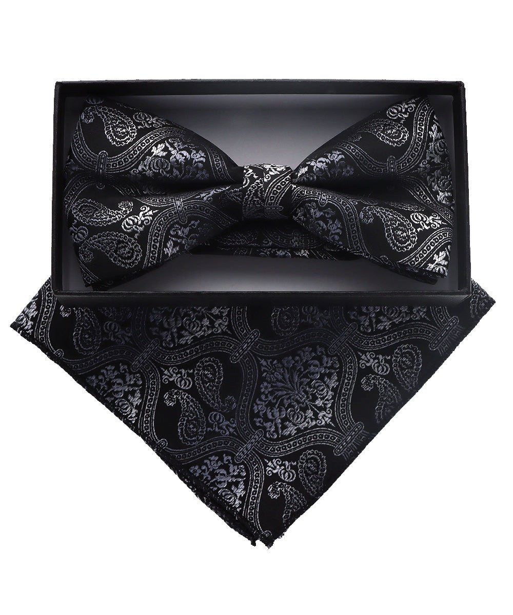 Vittorio Farina Men's Paisley Design Satin Bow Tie &amp; Pocket Square in Gift Box - BH-D_23109 - Classy Cufflinks