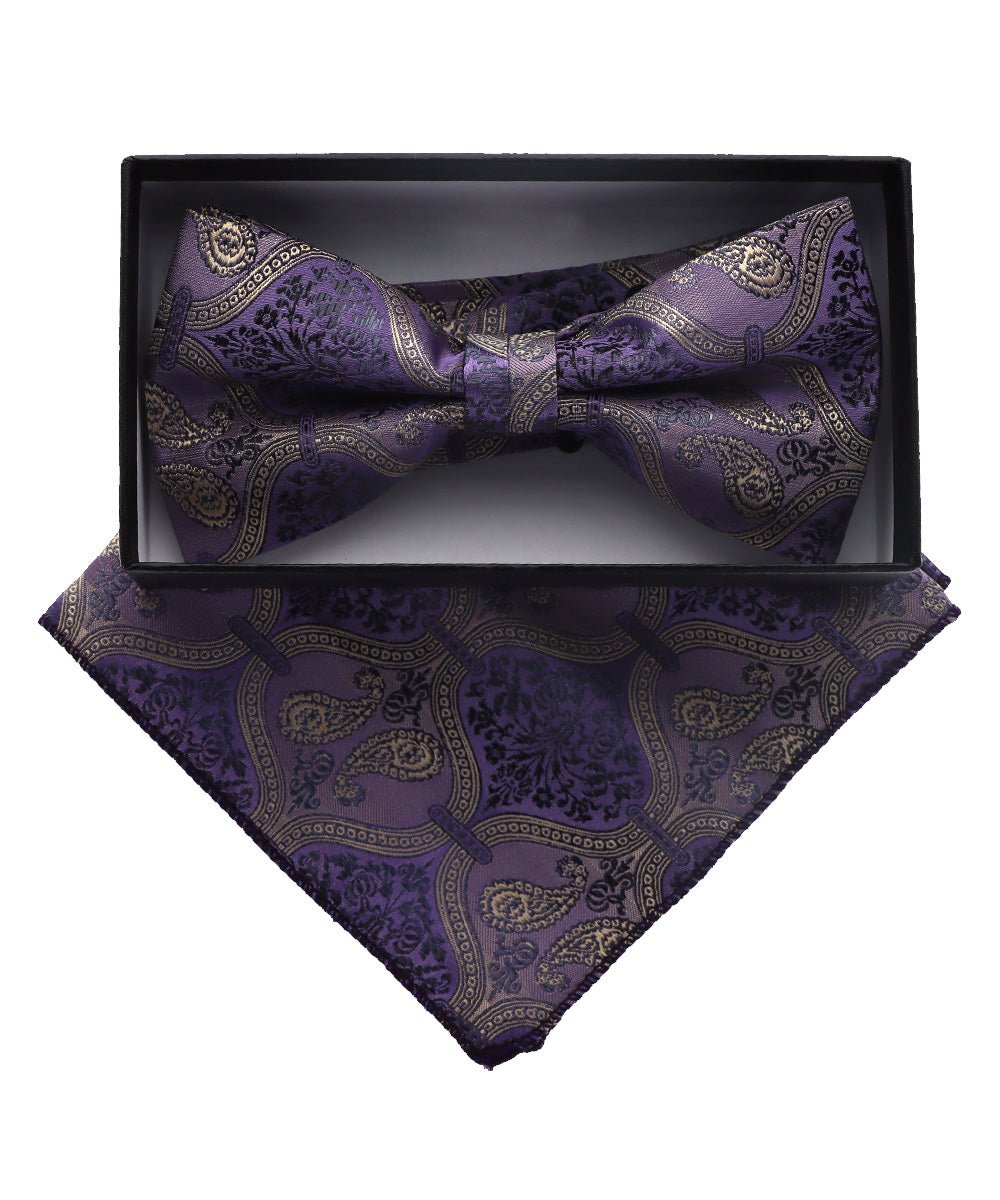 Vittorio Farina Men's Paisley Design Satin Bow Tie &amp; Pocket Square in Gift Box - BH-D_23110 - Classy Cufflinks