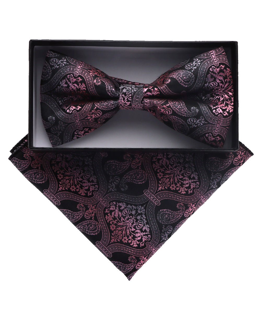 Vittorio Farina Men's Paisley Design Satin Bow Tie &amp; Pocket Square in Gift Box - BH-D_23111 - Classy Cufflinks