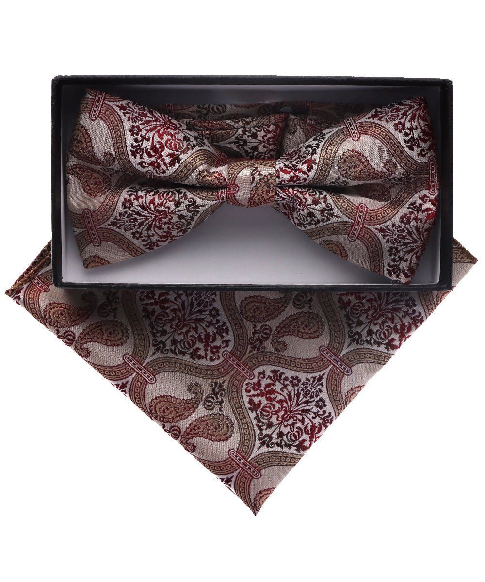 Vittorio Farina Men's Paisley Design Satin Bow Tie &amp; Pocket Square in Gift Box - BH-D_23112 - Classy Cufflinks