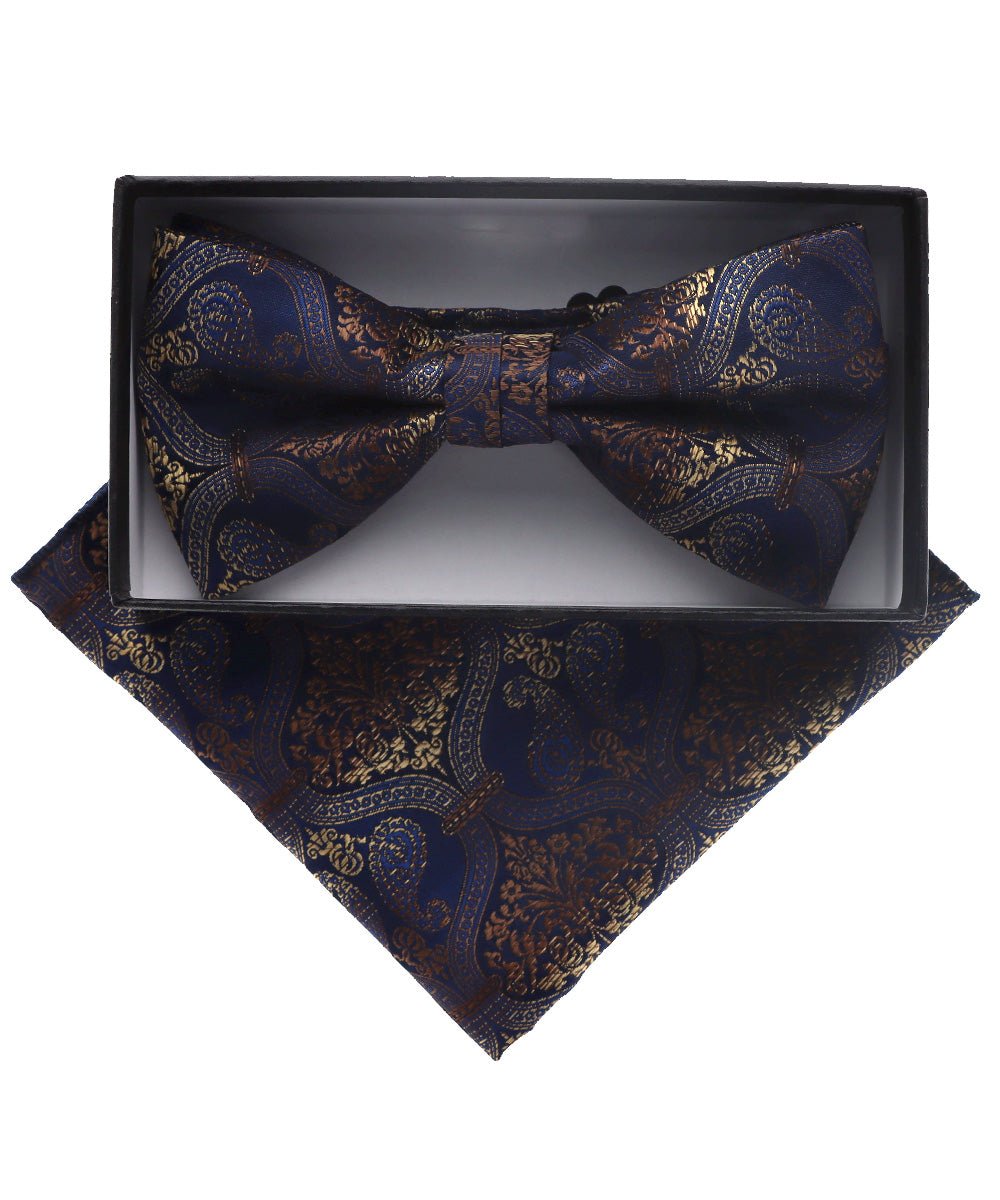 Vittorio Farina Men's Paisley Design Satin Bow Tie &amp; Pocket Square in Gift Box - BH-D_23113 - Classy Cufflinks