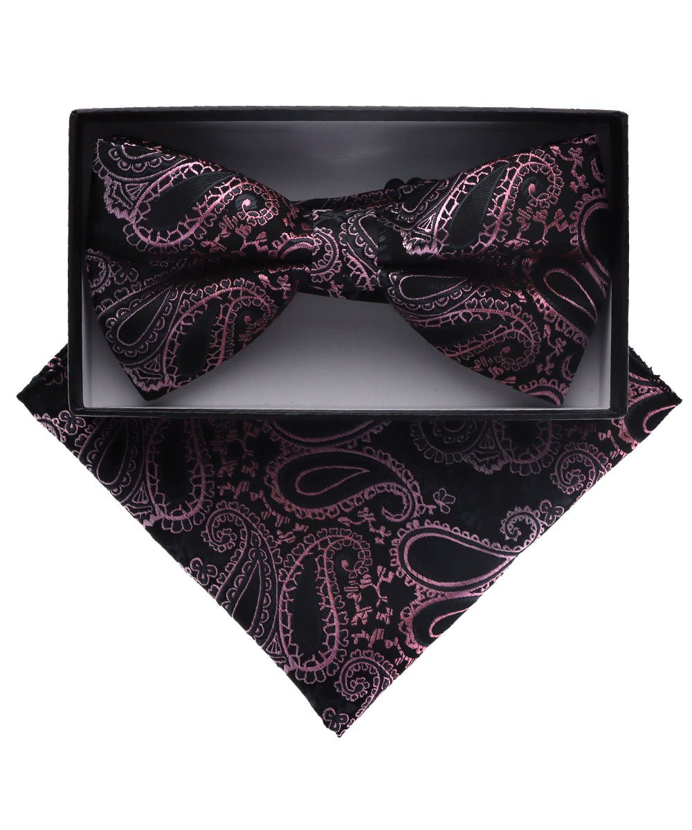 Vittorio Farina Men's Paisley Design Satin Bow Tie &amp; Pocket Square in Gift Box - BH-D_23114 - Classy Cufflinks