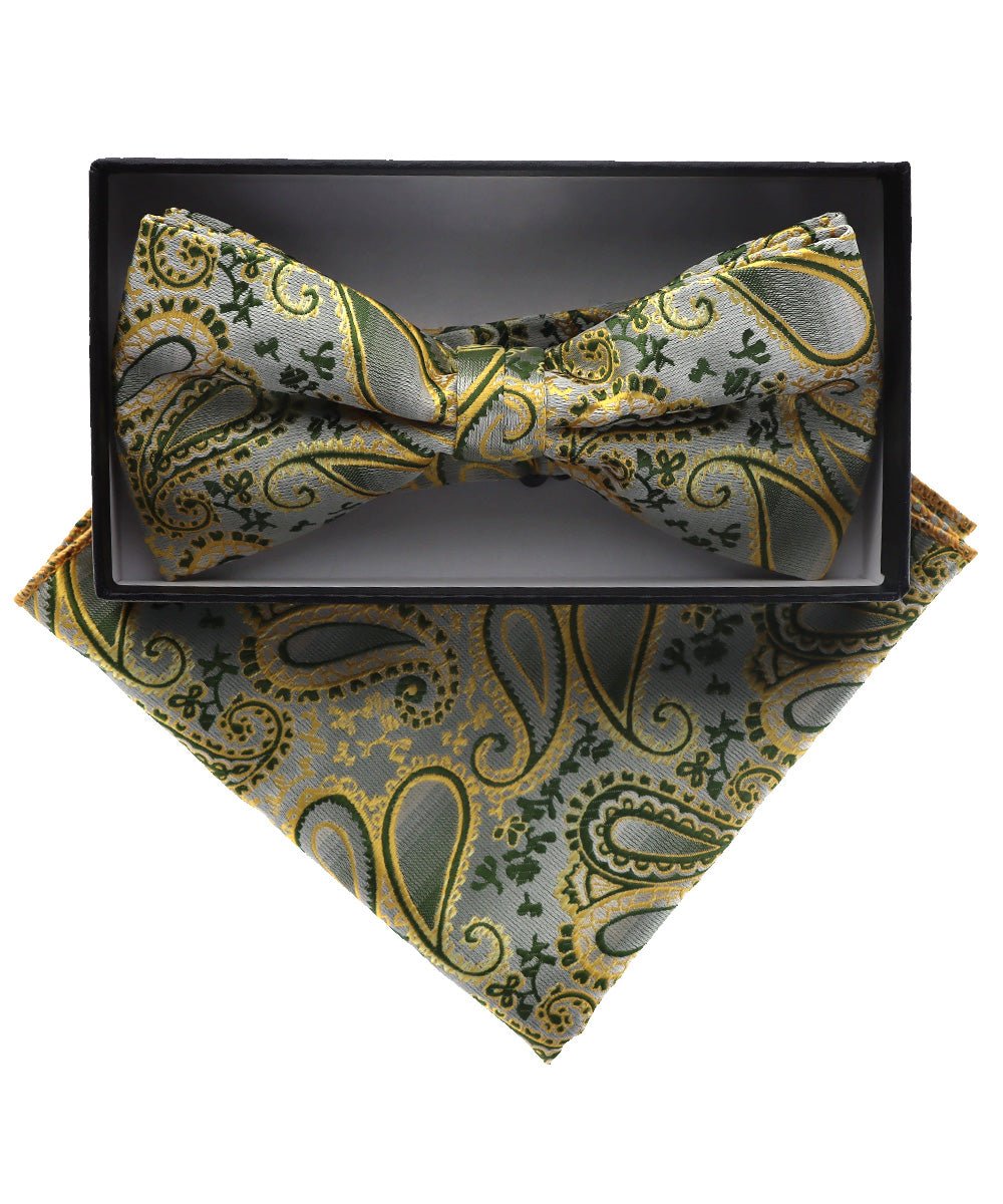 Vittorio Farina Men's Paisley Design Satin Bow Tie &amp; Pocket Square in Gift Box - BH-D_23115 - Classy Cufflinks