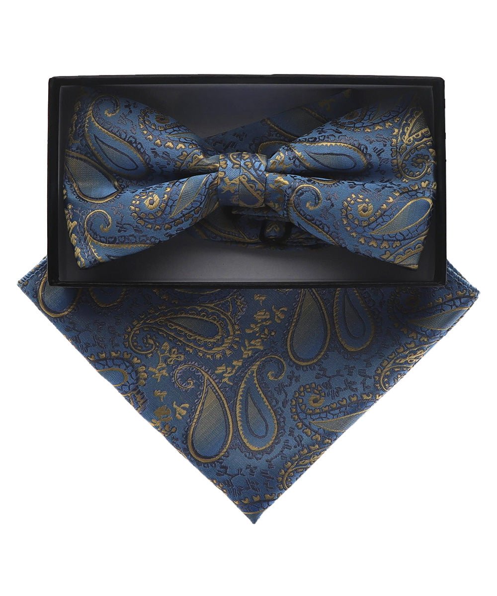 Vittorio Farina Men's Paisley Design Satin Bow Tie &amp; Pocket Square in Gift Box - BH-D_23116 - Classy Cufflinks