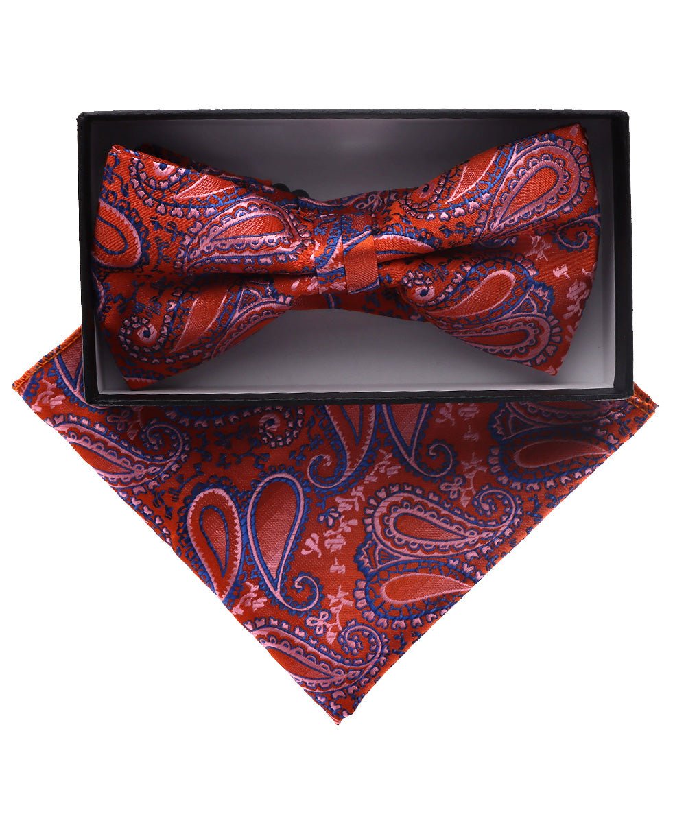 Vittorio Farina Men's Paisley Design Satin Bow Tie &amp; Pocket Square in Gift Box - BH-D_23117 - Classy Cufflinks