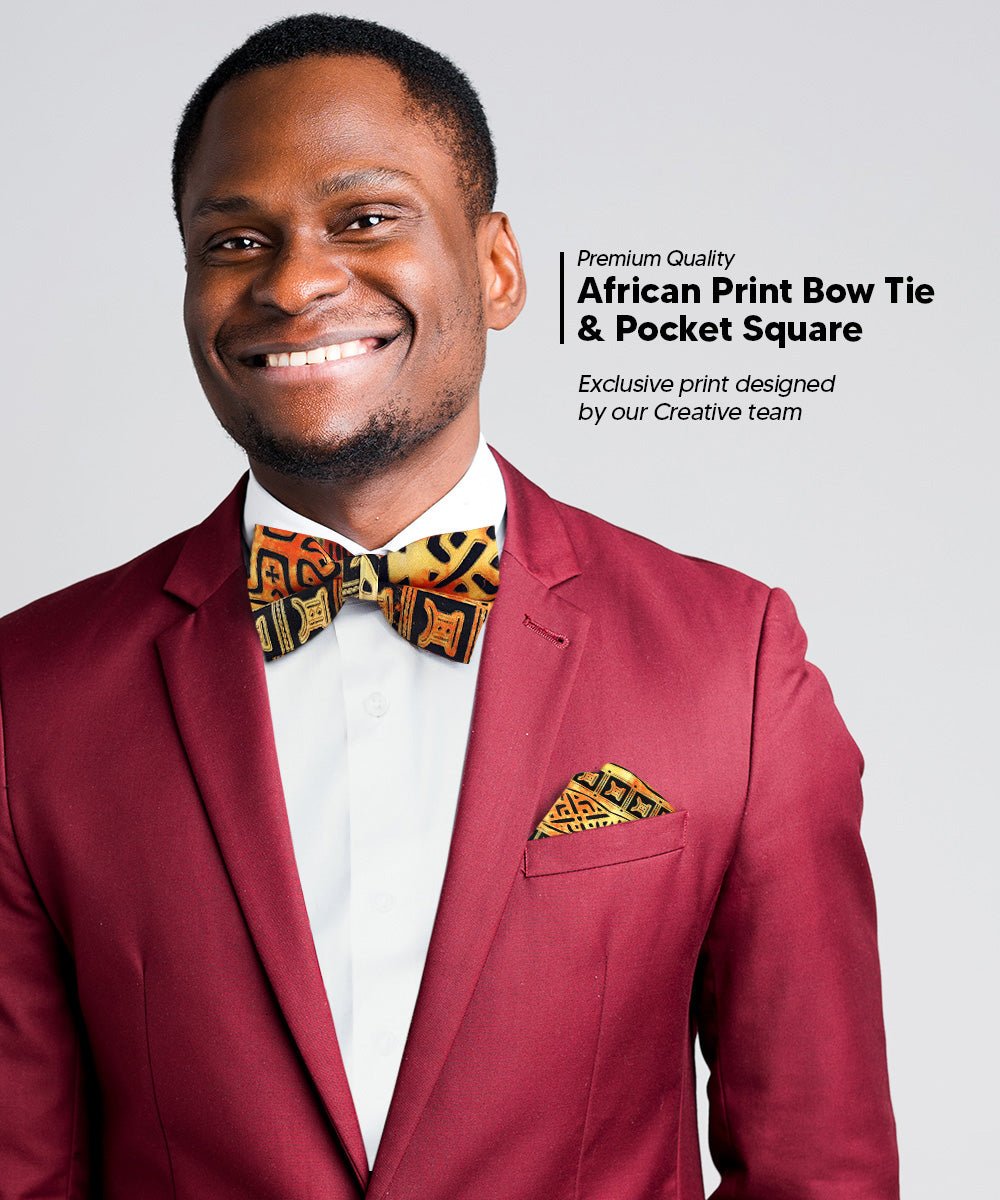 Vittorio Farina Men's Kente Satin Bow Tie & Pocket Square in Gift Box - BH - K_Kente 4 - Classy Cufflinks