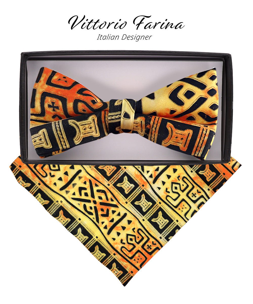 Vittorio Farina Men's Kente Satin Bow Tie & Pocket Square in Gift Box - BH - K_Kente 4 - Classy Cufflinks