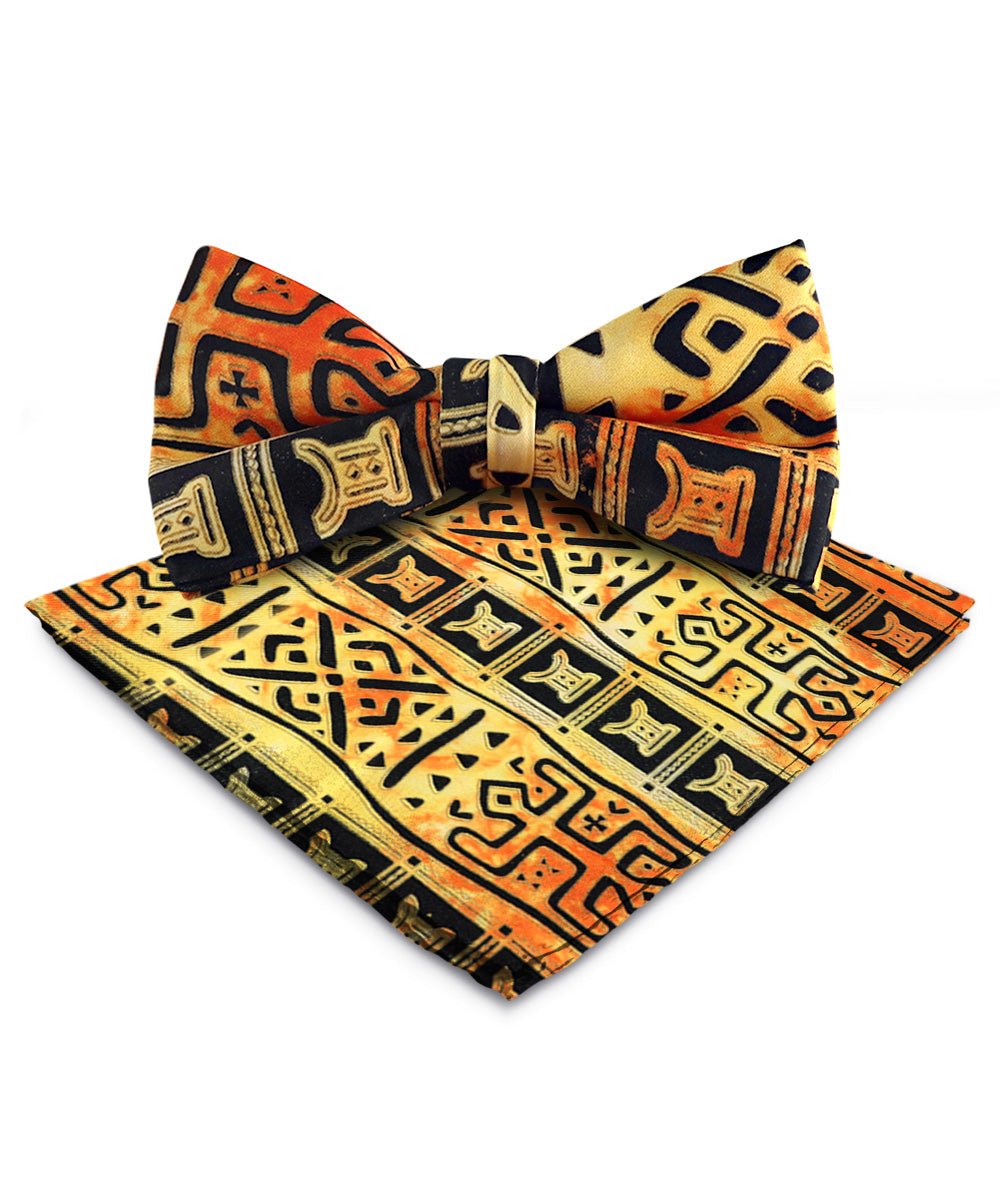 Vittorio Farina Men's Kente Satin Bow Tie & Pocket Square in Gift Box - BH - K_Kente 4 - Classy Cufflinks