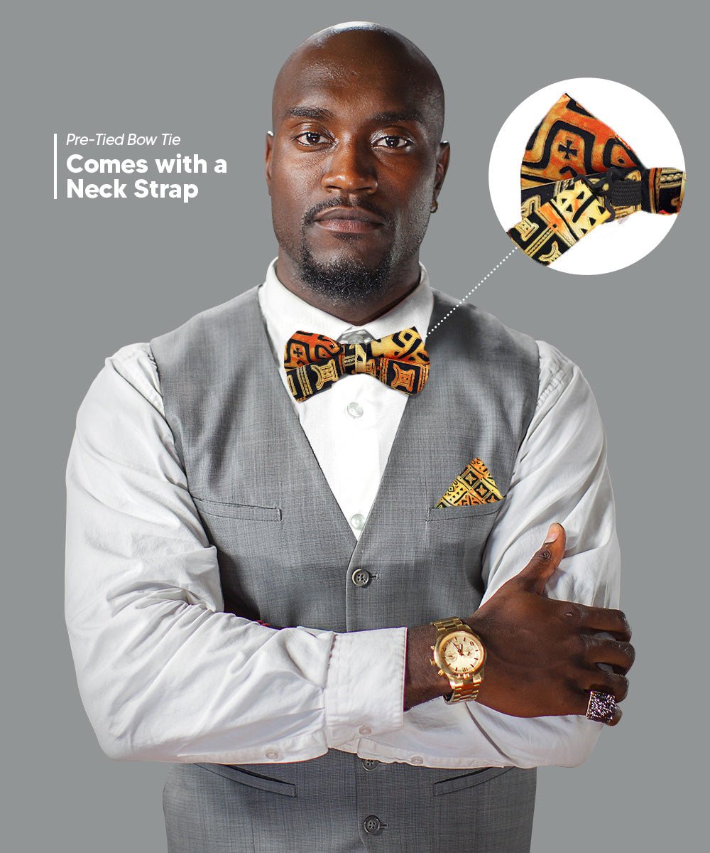 Vittorio Farina Men's Kente Satin Bow Tie & Pocket Square in Gift Box - BH - K_Kente 4 - Classy Cufflinks