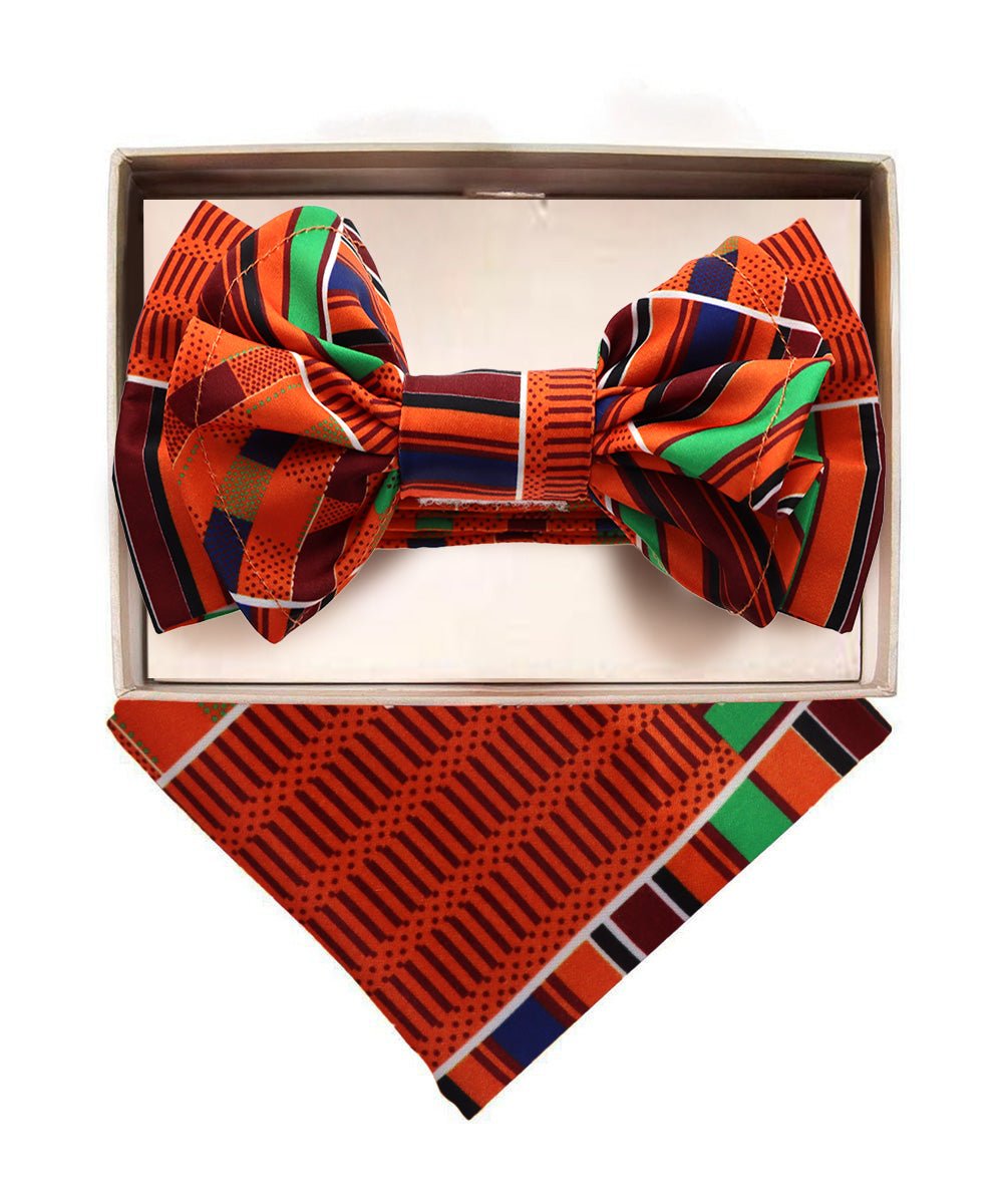 Vittorio Farina Men's XL Kente Bow Tie &amp; Pocket Square in Gift Box - BH - K - XL_Kente 1 - Classy Cufflinks