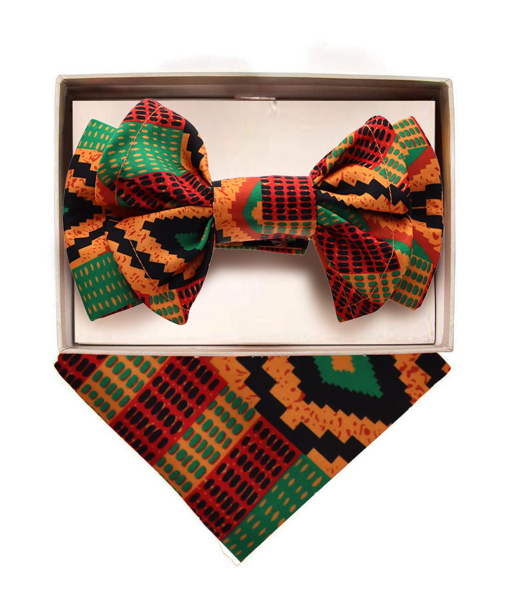 Vittorio Farina Men's XL Kente Bow Tie &amp; Pocket Square in Gift Box - BH - K - XL_Kente 2 - Classy Cufflinks
