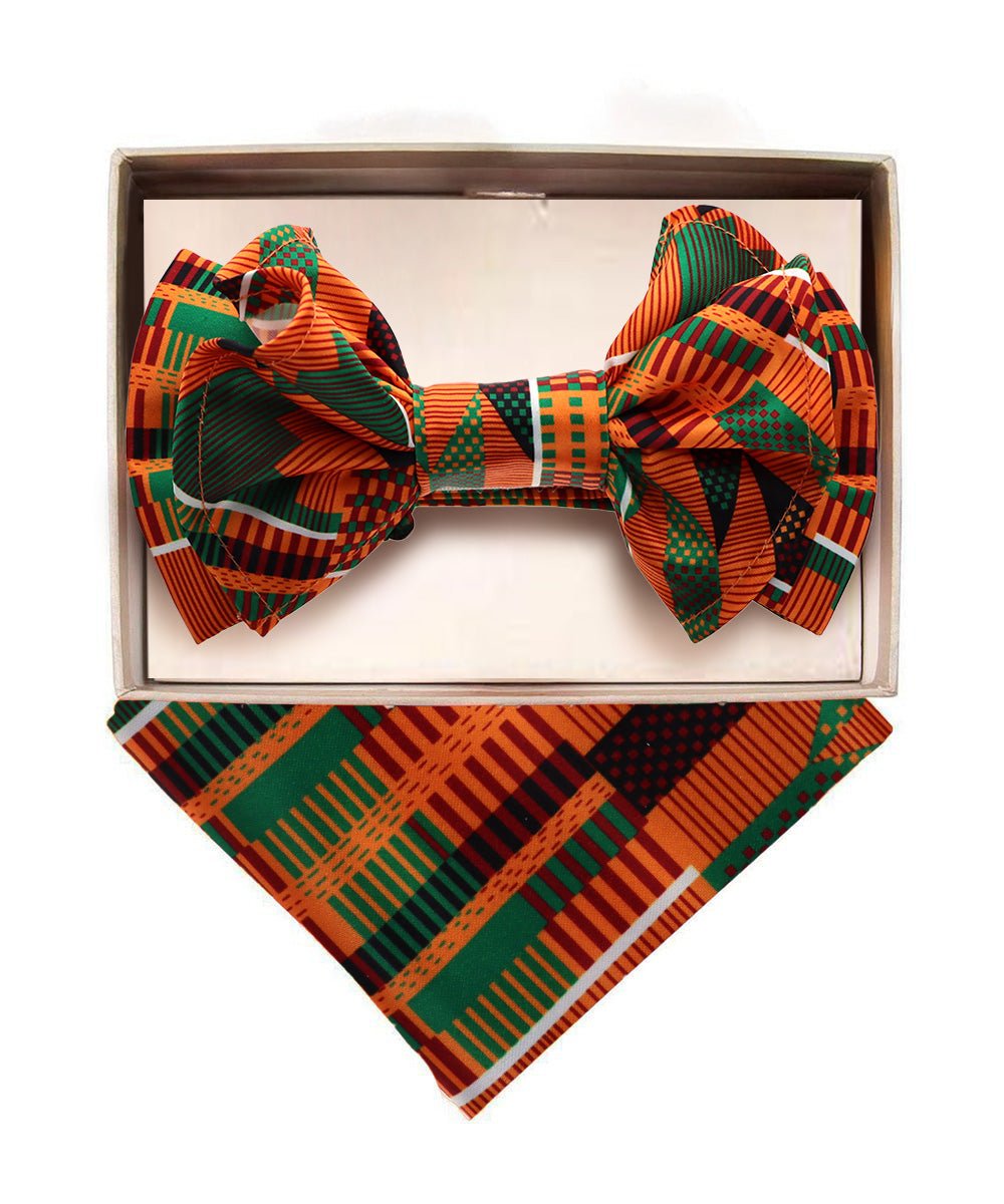Vittorio Farina Men's XL Kente Bow Tie &amp; Pocket Square in Gift Box - BH - K - XL_Kente 3 - Classy Cufflinks