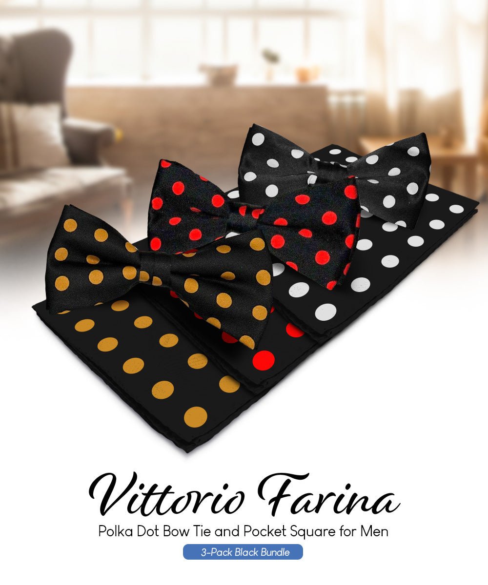 Vittorio Farina Polka Dot Bow Tie &amp; Pocket Square Multipacks - BH - PD - 3_BLACK - Classy Cufflinks