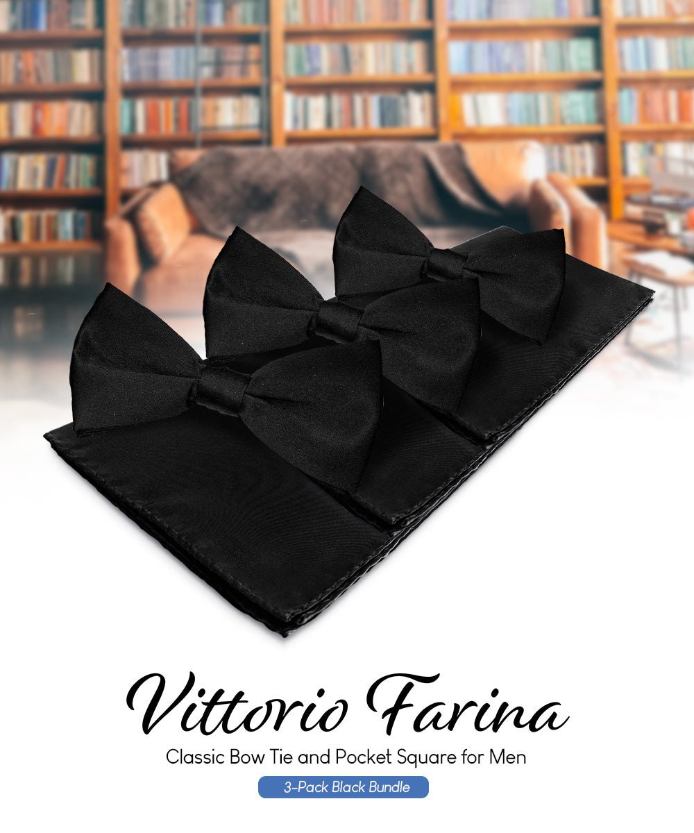 Vittorio Farina Classic Bow Tie &amp; Pocket Square Multipacks - BH - SOLID - 3_BLACK - Classy Cufflinks