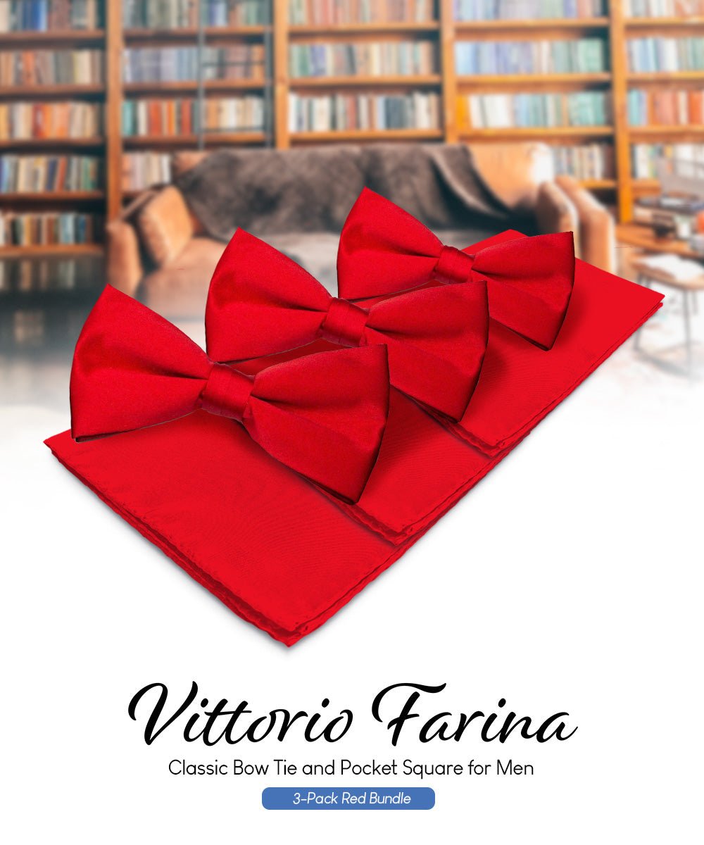 Vittorio Farina Classic Bow Tie &amp; Pocket Square Multipacks - BH - SOLID - 3_RED - Classy Cufflinks