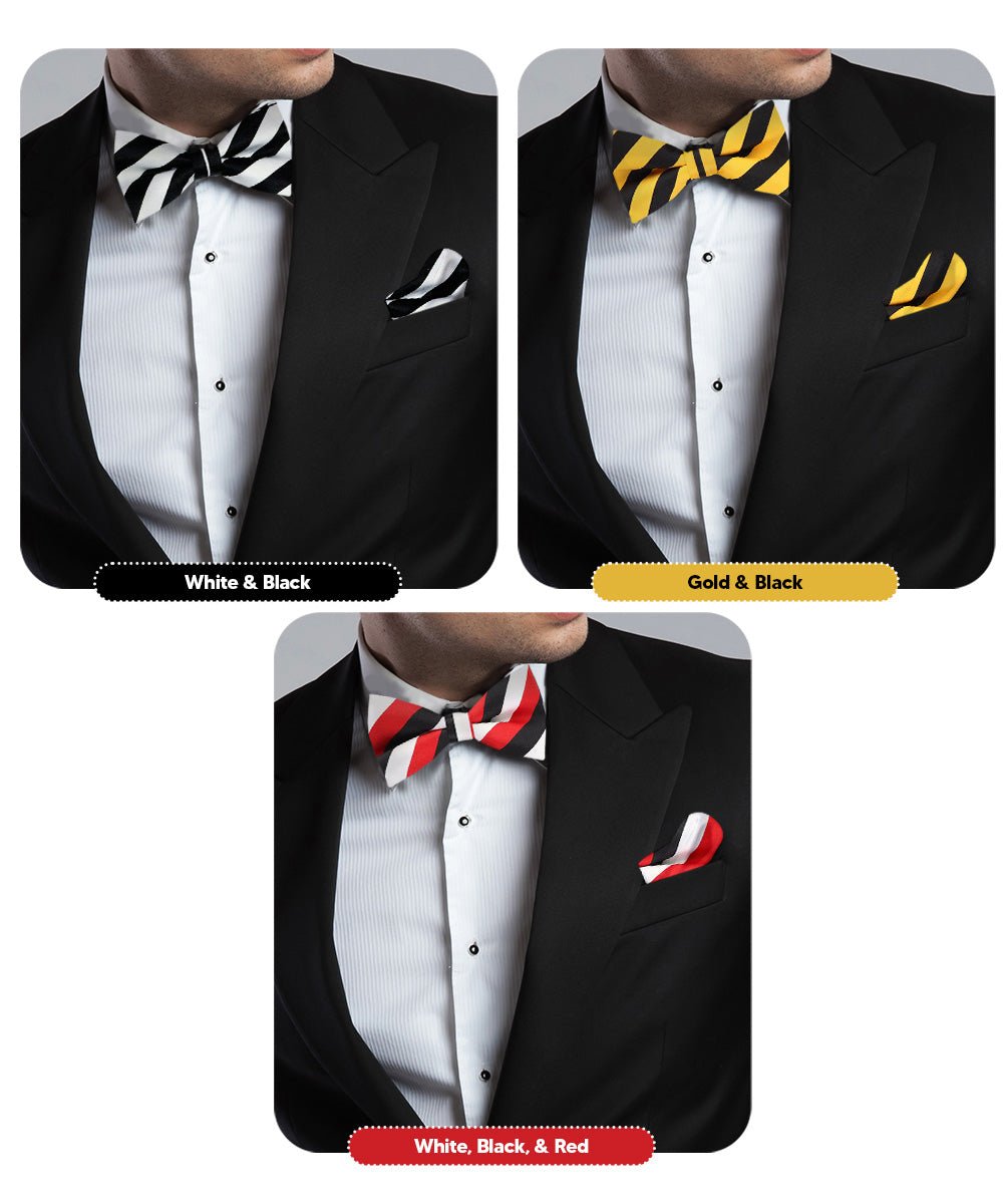 Vittorio Farina Striped Bow Tie &amp; Pocket Square Multipacks - BH - ST - 3_BLACK - Classy Cufflinks