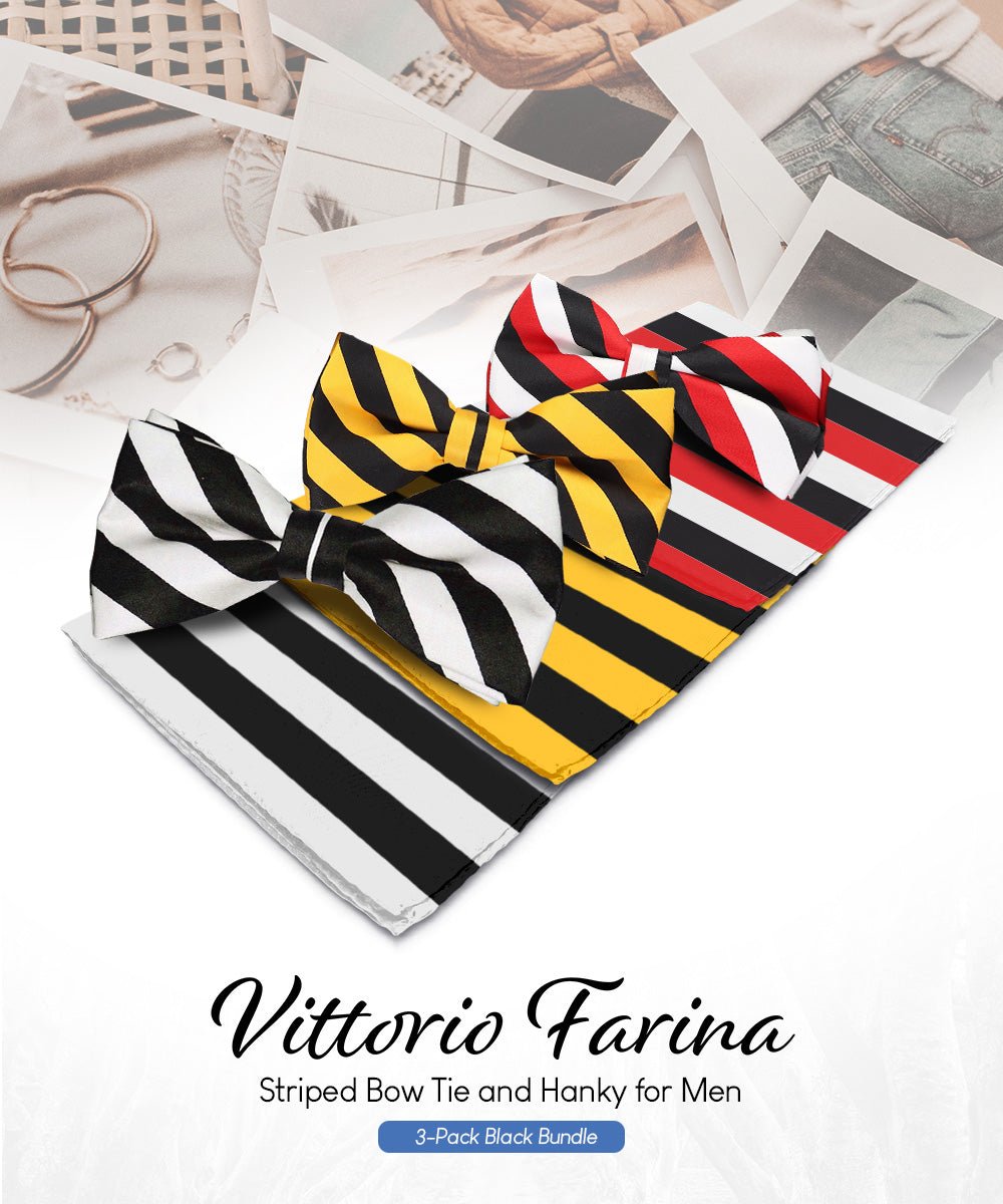 Vittorio Farina Striped Bow Tie &amp; Pocket Square Multipacks - BH - ST - 3_BLACK - Classy Cufflinks