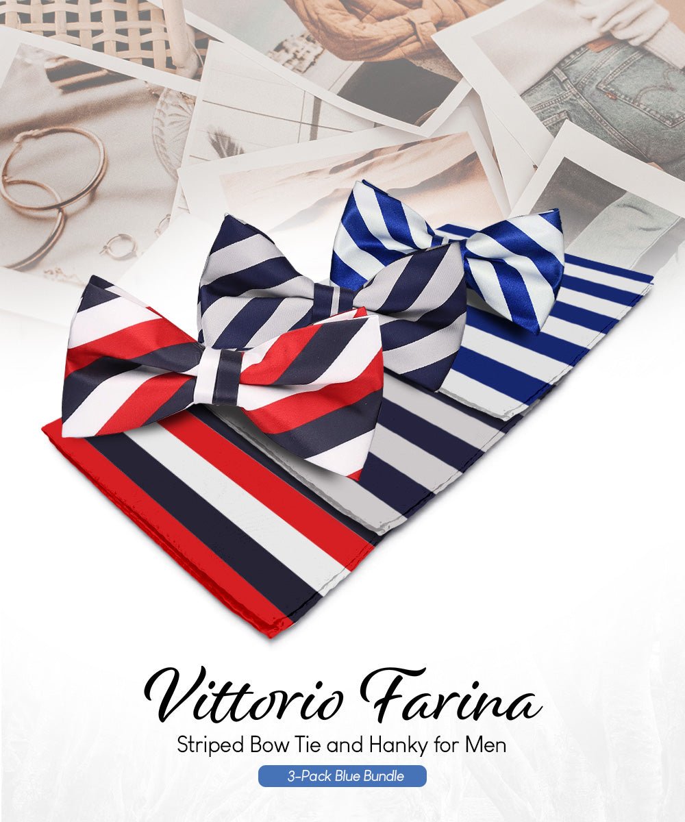 Vittorio Farina Striped Bow Tie & Pocket Square Multipacks - BH - ST - 3_BLUE - Classy Cufflinks