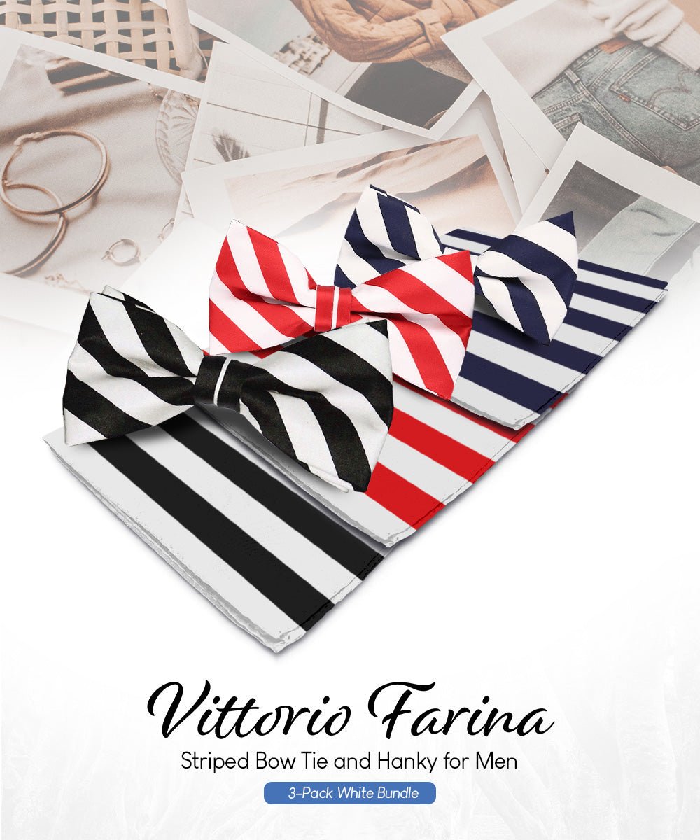 Vittorio Farina Striped Bow Tie & Pocket Square Multipacks - BH - ST - 3_WHITE - Classy Cufflinks