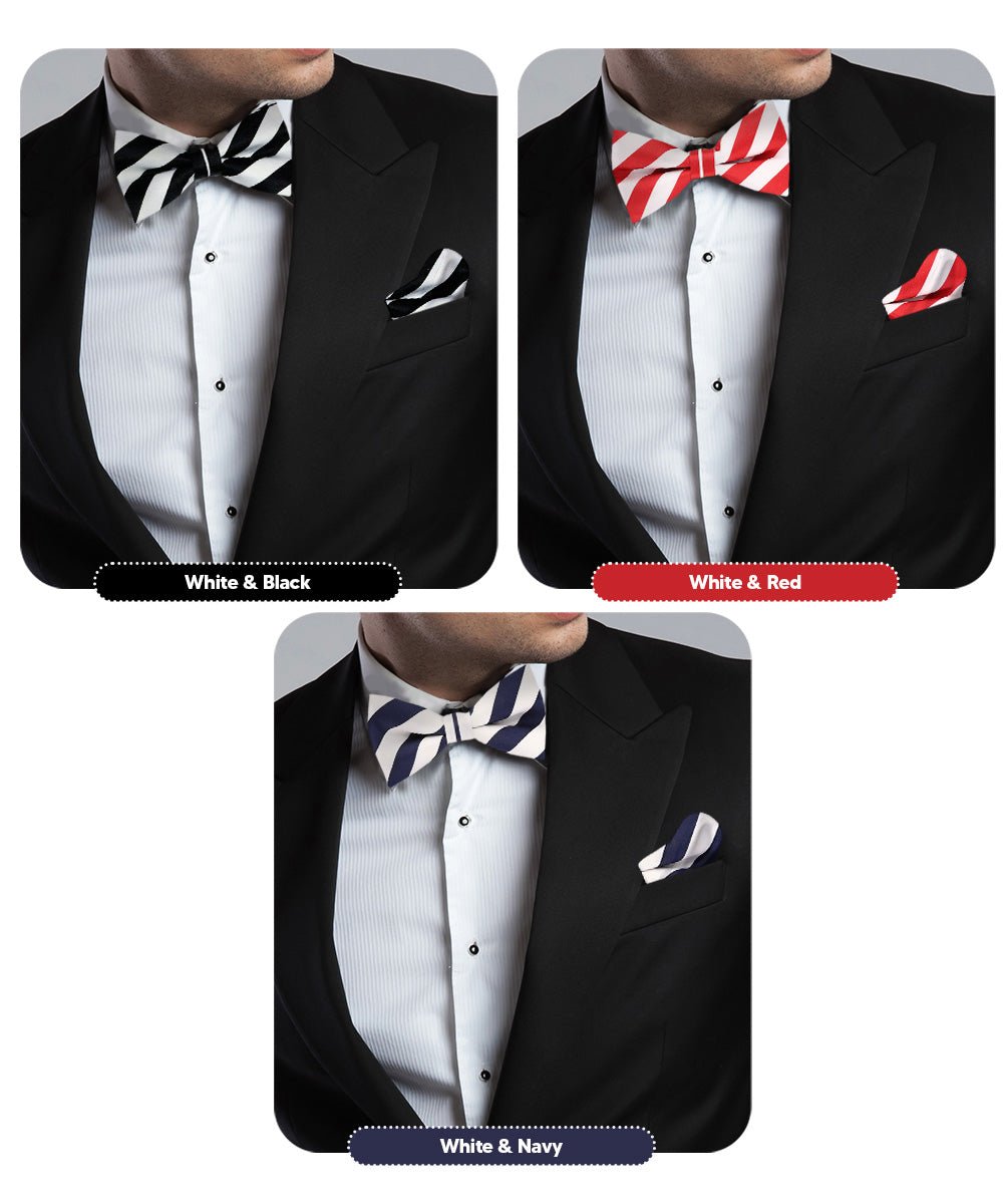 Vittorio Farina Striped Bow Tie & Pocket Square Multipacks - BH - ST - 3_WHITE - Classy Cufflinks