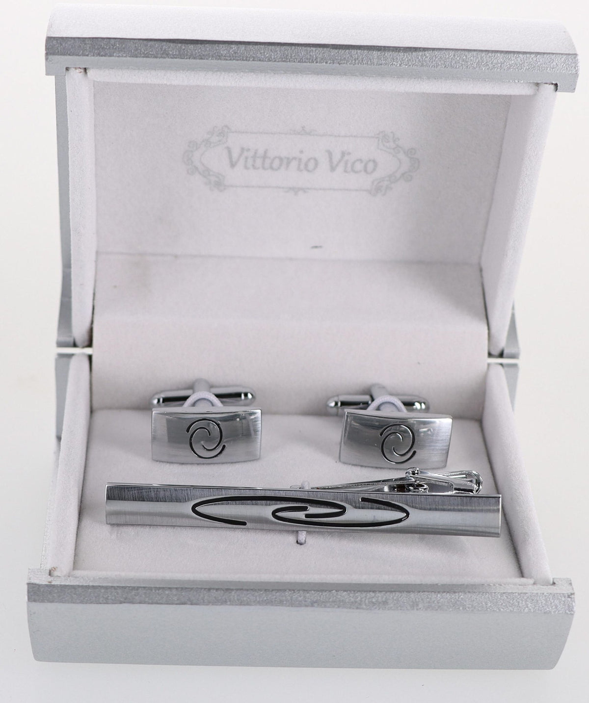 Vittorio Vico Plain Silver Cufflink &amp; Tie Bar Set in Gift Box - CLTB-501 - Classy Cufflinks