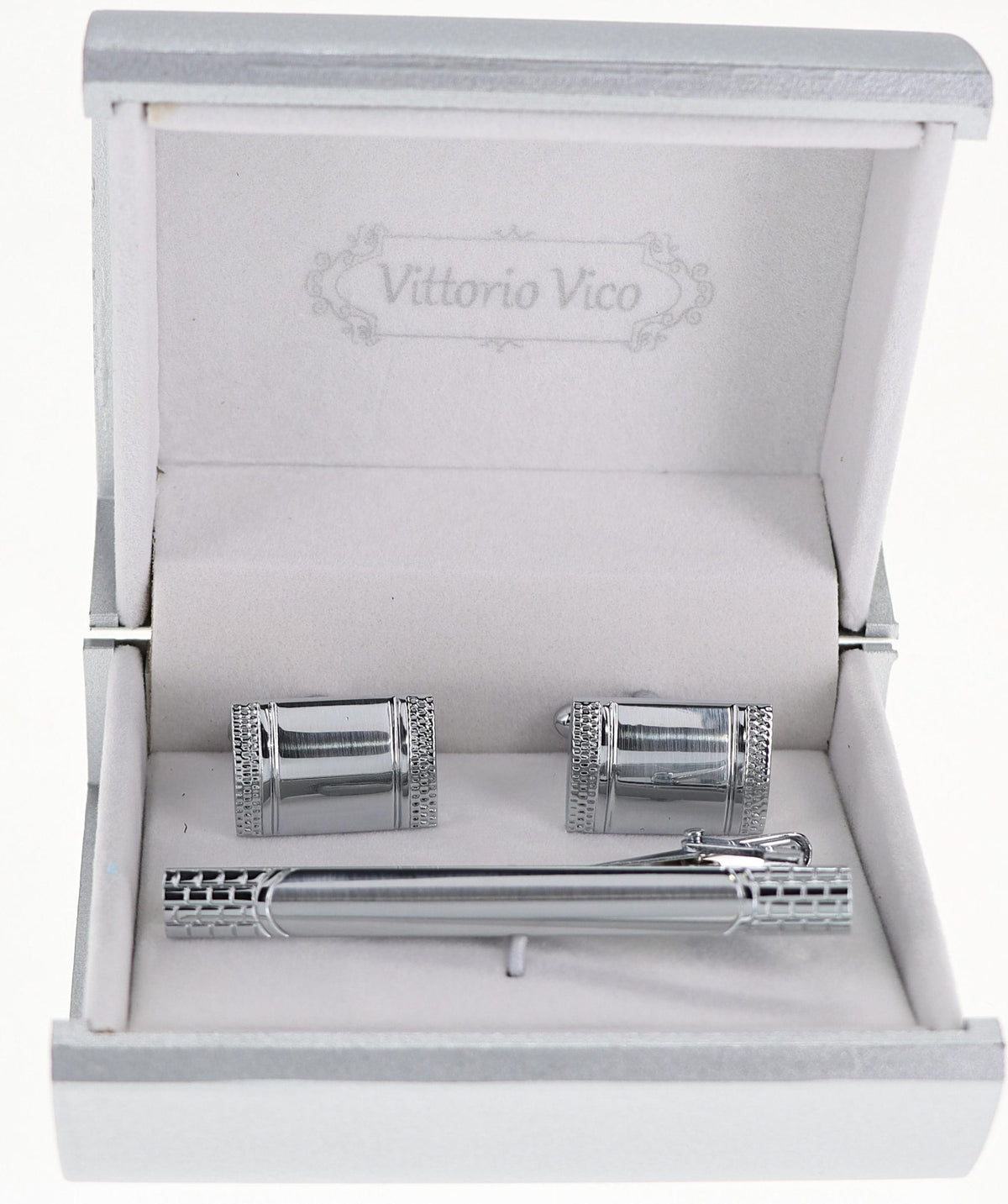 Vittorio Vico Plain Silver Cufflink &amp; Tie Bar Set in Gift Box - CLTB-503 - Classy Cufflinks
