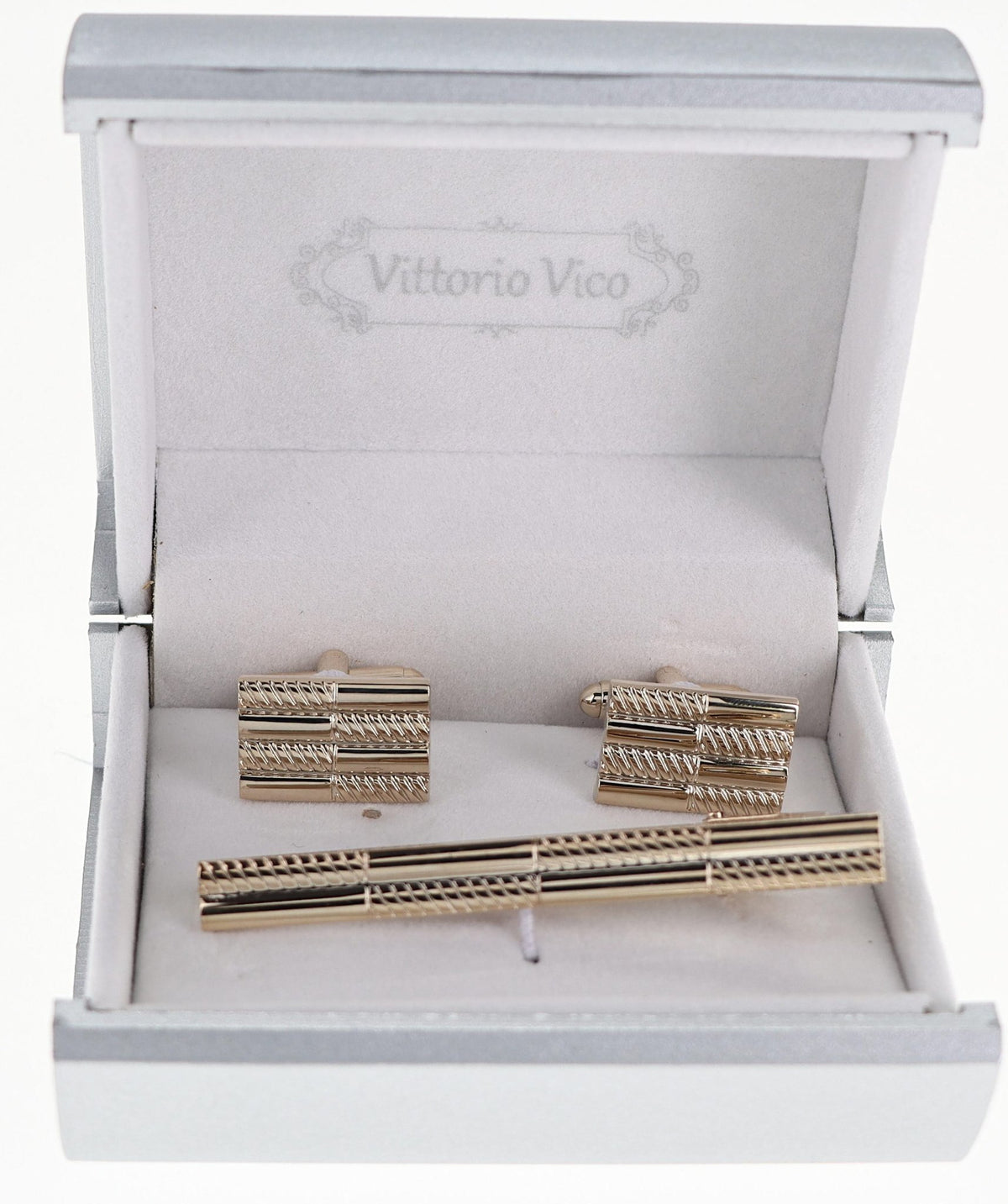 Vittorio Vico Plain Gold Cufflink &amp; Tie Bar Set in Gift Box - CLTB-504 - Classy Cufflinks