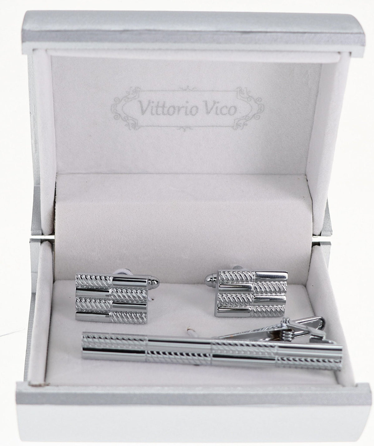Vittorio Vico Plain Silver Cufflink &amp; Tie Bar Set in Gift Box - CLTB-505 - Classy Cufflinks