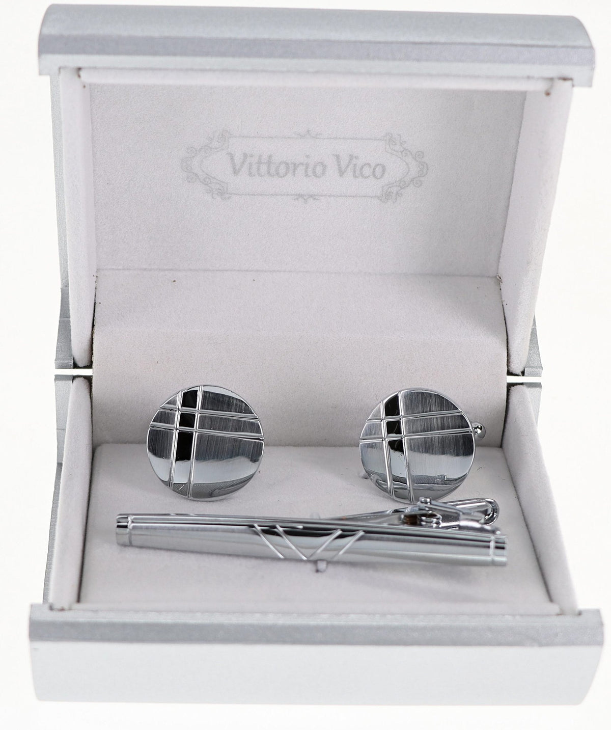 Vittorio Vico Plain Silver Cufflink &amp; Tie Bar Set in Gift Box - CLTB-507 - Classy Cufflinks