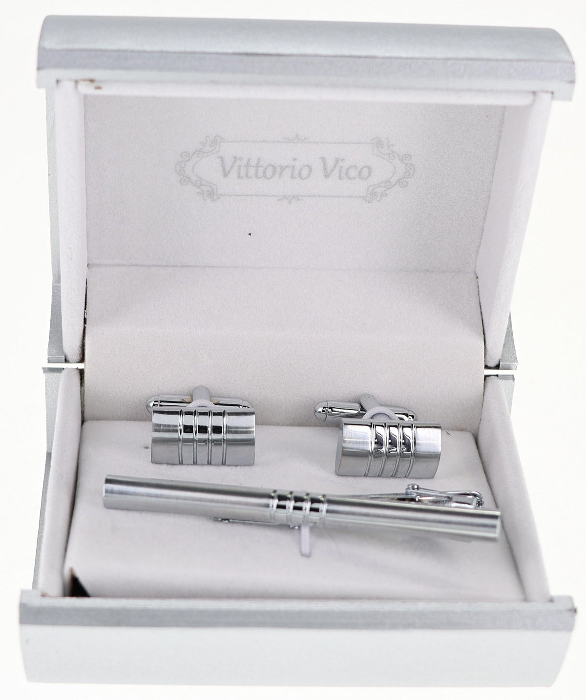 Vittorio Vico Plain Silver Cufflink &amp; Tie Bar Set in Gift Box - CLTB-509 - Classy Cufflinks