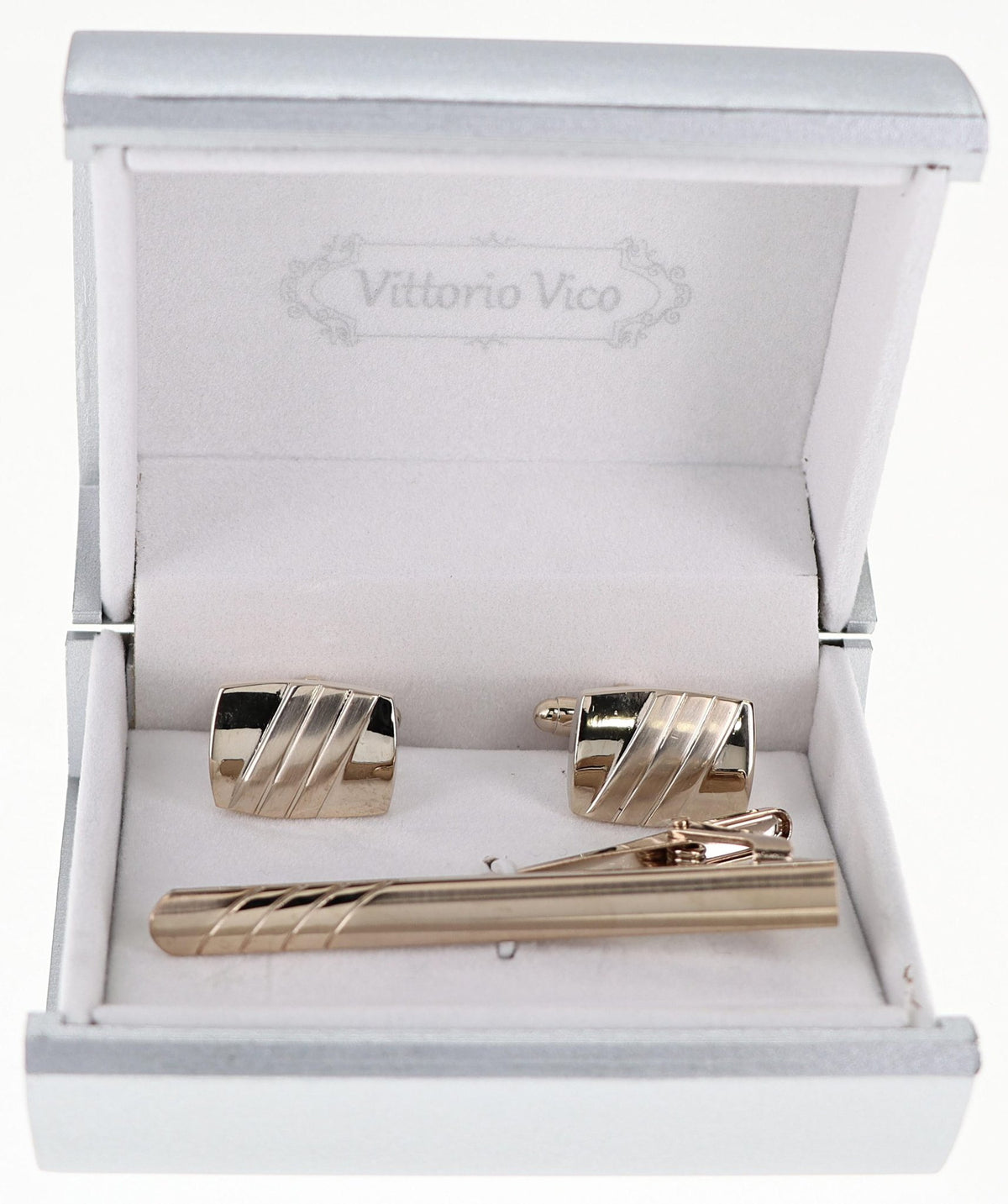 Vittorio Vico Plain Gold Cufflink &amp; Tie Bar Set in Gift Box - CLTB-510 - Classy Cufflinks