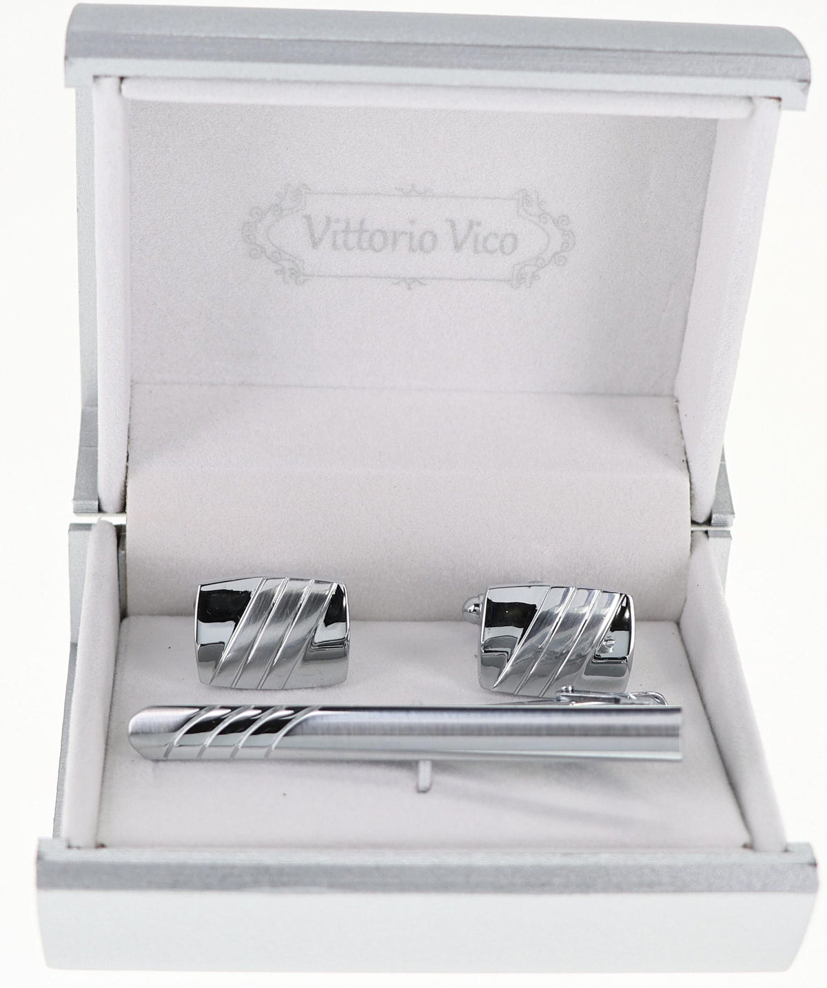 Vittorio Vico Plain Silver Cufflink &amp; Tie Bar Set in Gift Box - CLTB-511 - Classy Cufflinks