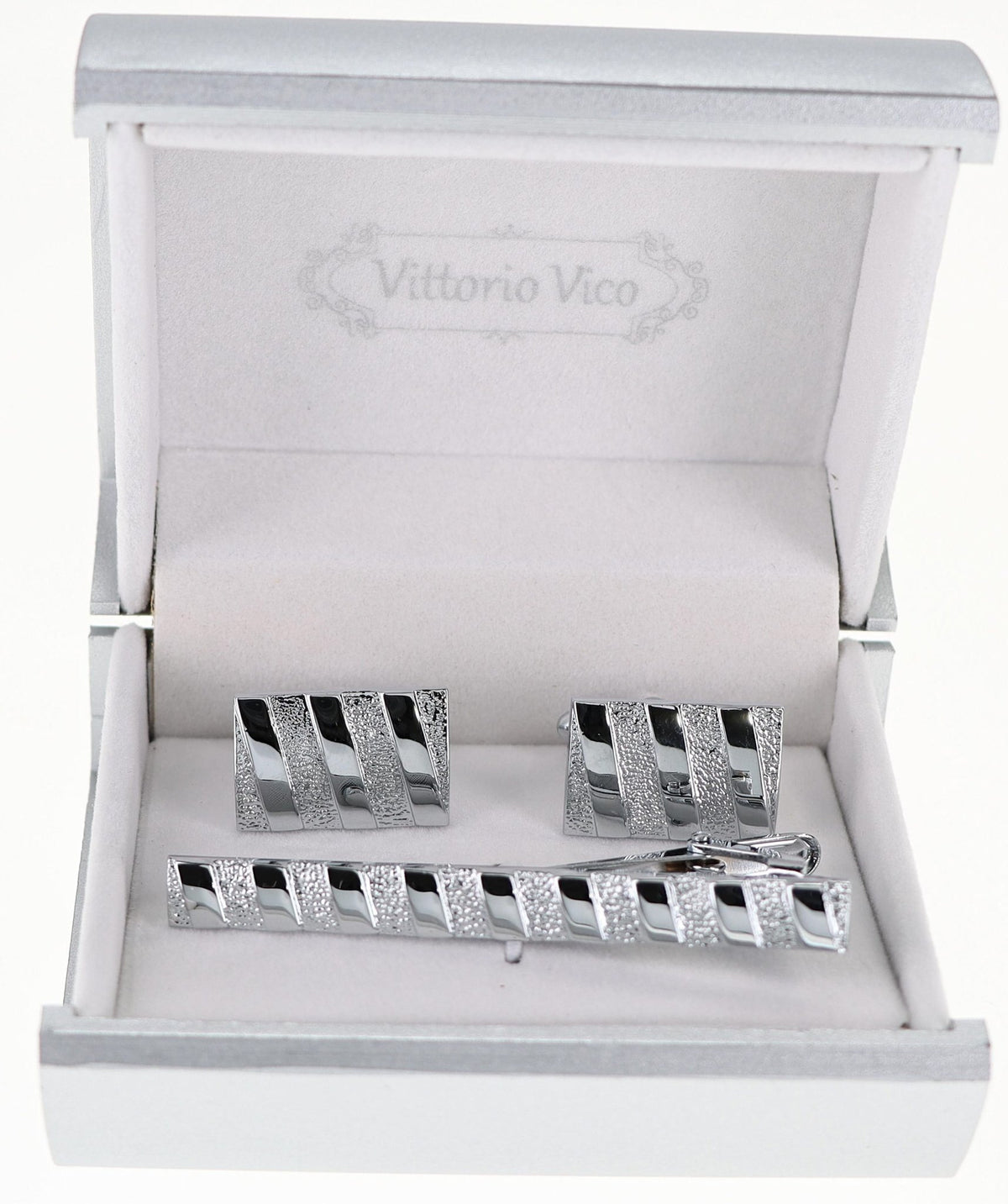 Vittorio Vico Plain Silver Cufflink &amp; Tie Bar Set in Gift Box - CLTB-513 - Classy Cufflinks
