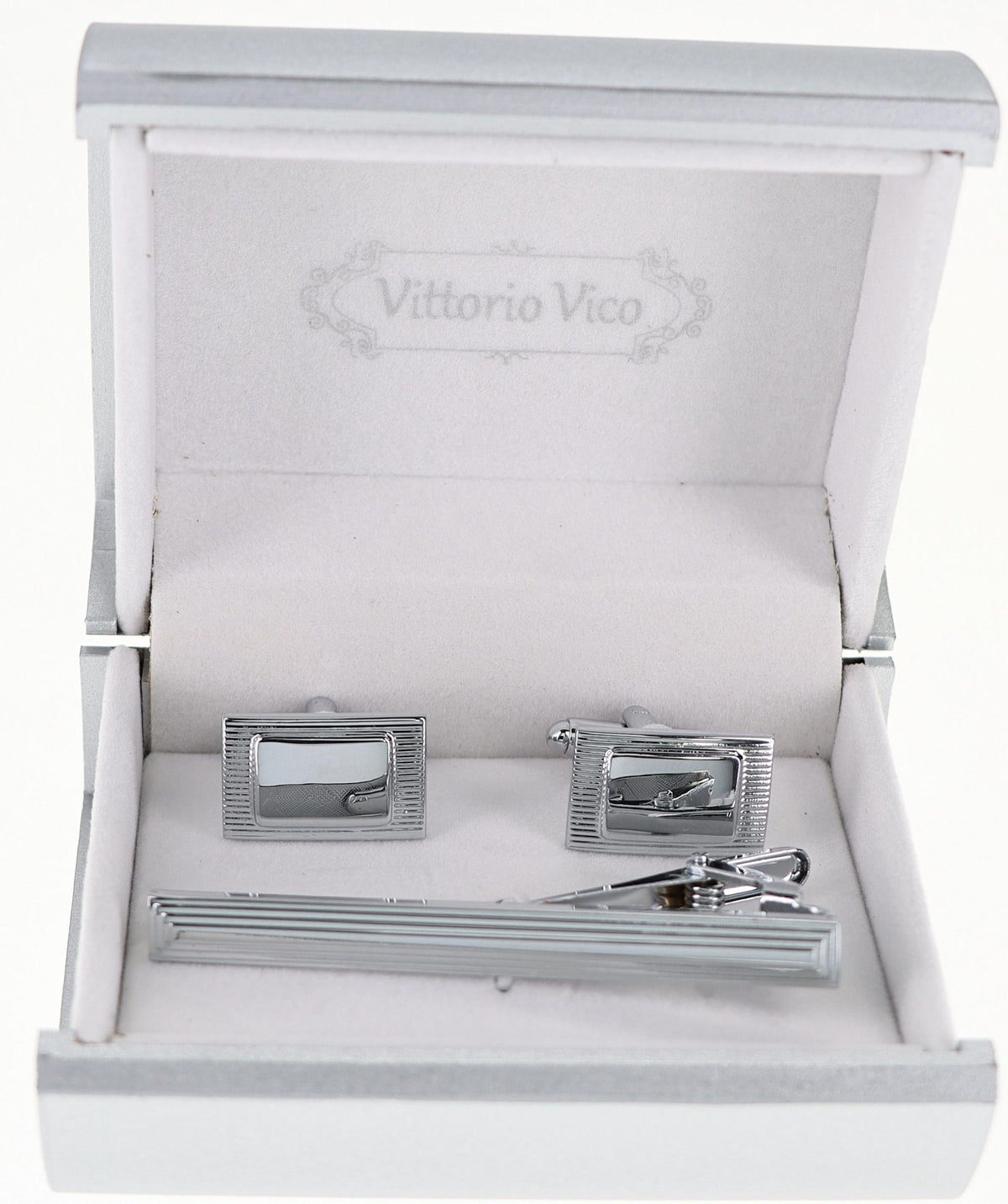 Vittorio Vico Plain Silver Cufflink &amp; Tie Bar Set in Gift Box - CLTB-515 - Classy Cufflinks