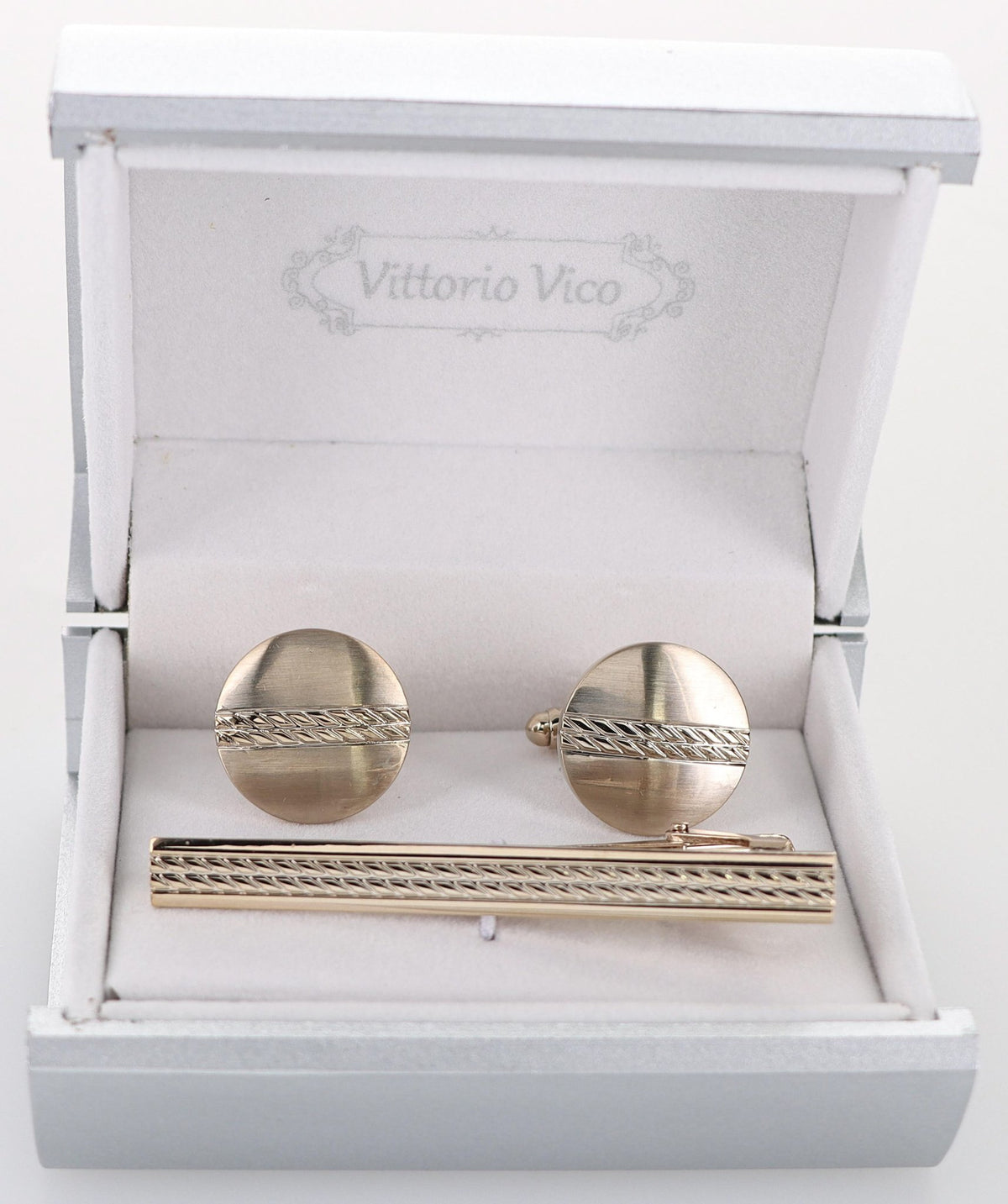 Vittorio Vico Plain Gold Cufflink &amp; Tie Bar Set in Gift Box - CLTB-516 - Classy Cufflinks