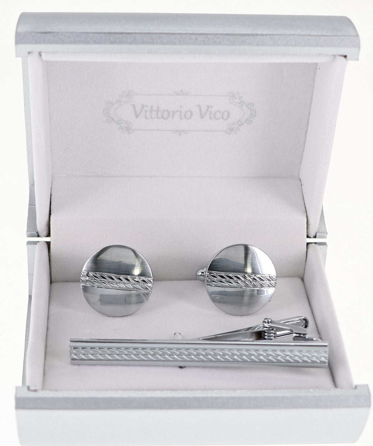Vittorio Vico Plain Silver Cufflink &amp; Tie Bar Set in Gift Box - CLTB-517 - Classy Cufflinks