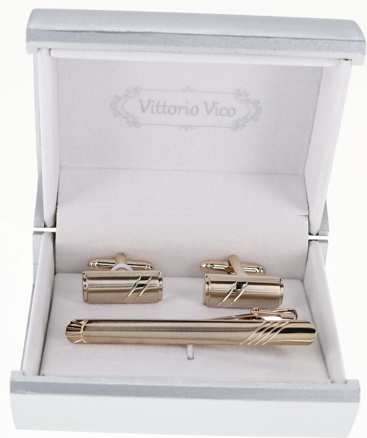Vittorio Vico Plain Gold Cufflink &amp; Tie Bar Set in Gift Box - CLTB-518 - Classy Cufflinks
