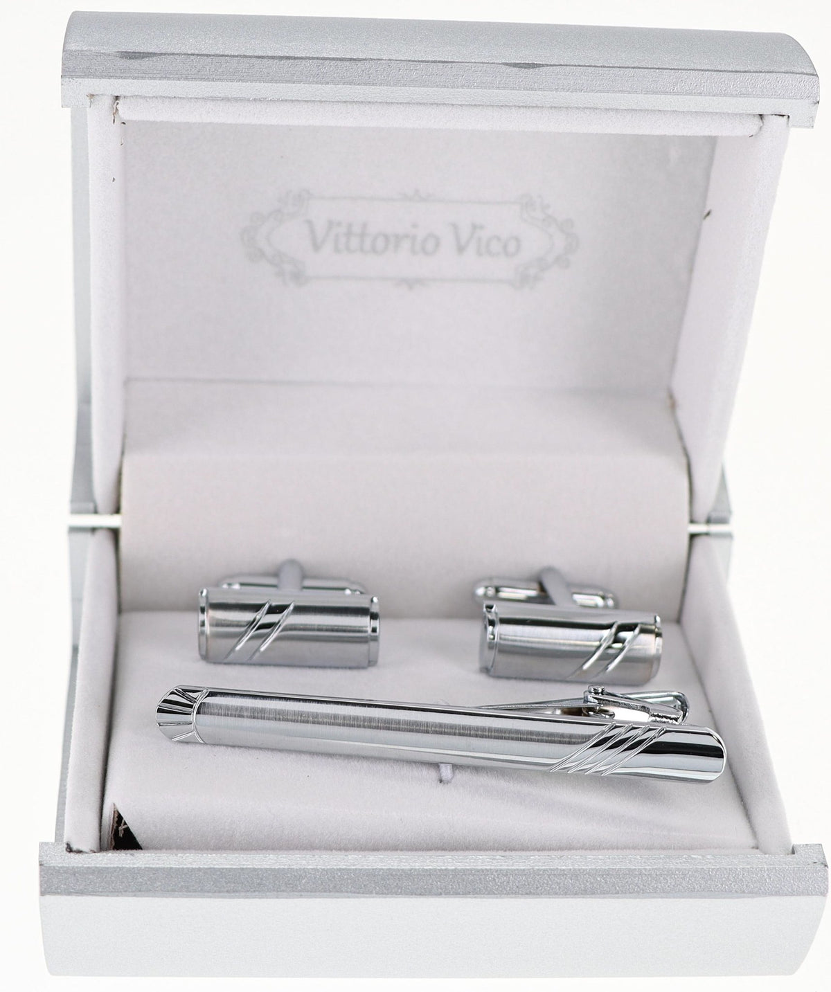 Vittorio Vico Plain Silver Cufflink &amp; Tie Bar Set in Gift Box - CLTB-519 - Classy Cufflinks