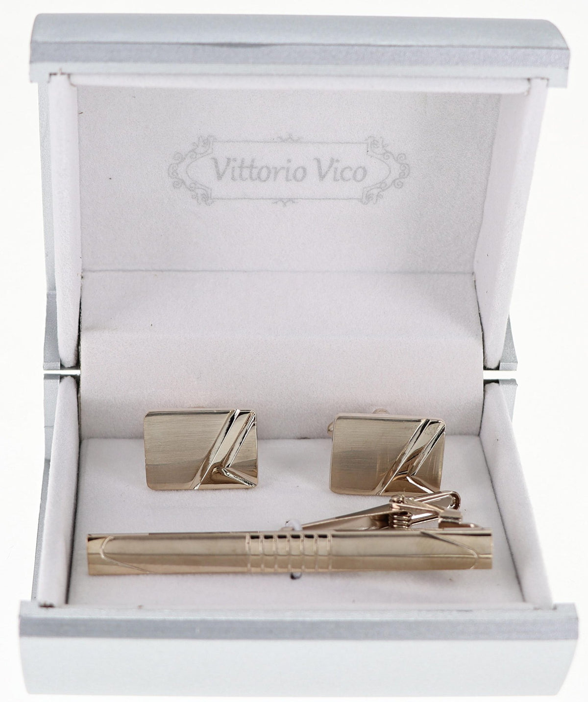 Vittorio Vico Plain Gold Cufflink &amp; Tie Bar Set in Gift Box - CLTB-520 - Classy Cufflinks