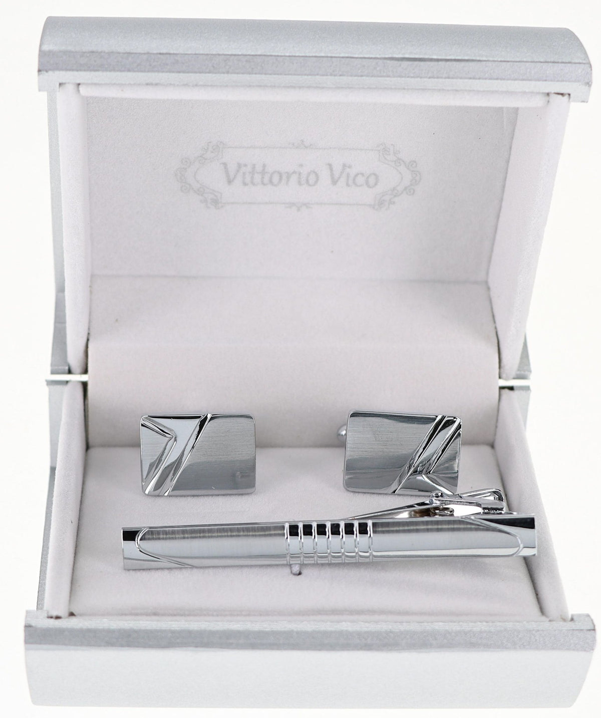 Vittorio Vico Plain Silver Cufflink &amp; Tie Bar Set in Gift Box - CLTB-521 - Classy Cufflinks