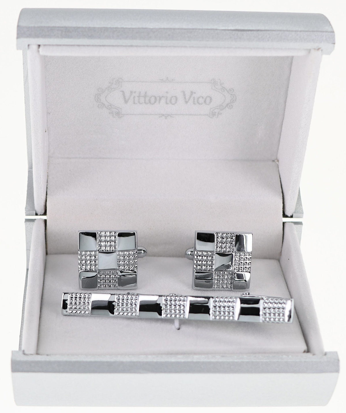 Vittorio Vico Plain Silver Cufflink &amp; Tie Bar Set in Gift Box - CLTB-527 - Classy Cufflinks